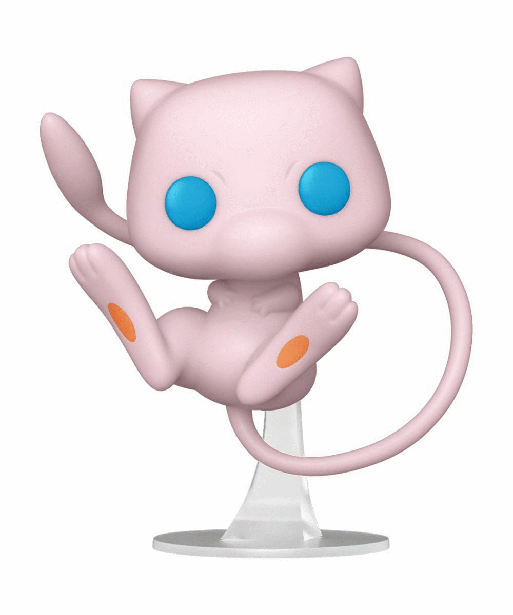 Różowa figurka Mew Pokémon, w dynamicznej pozie, na przezroczystym stojaku.