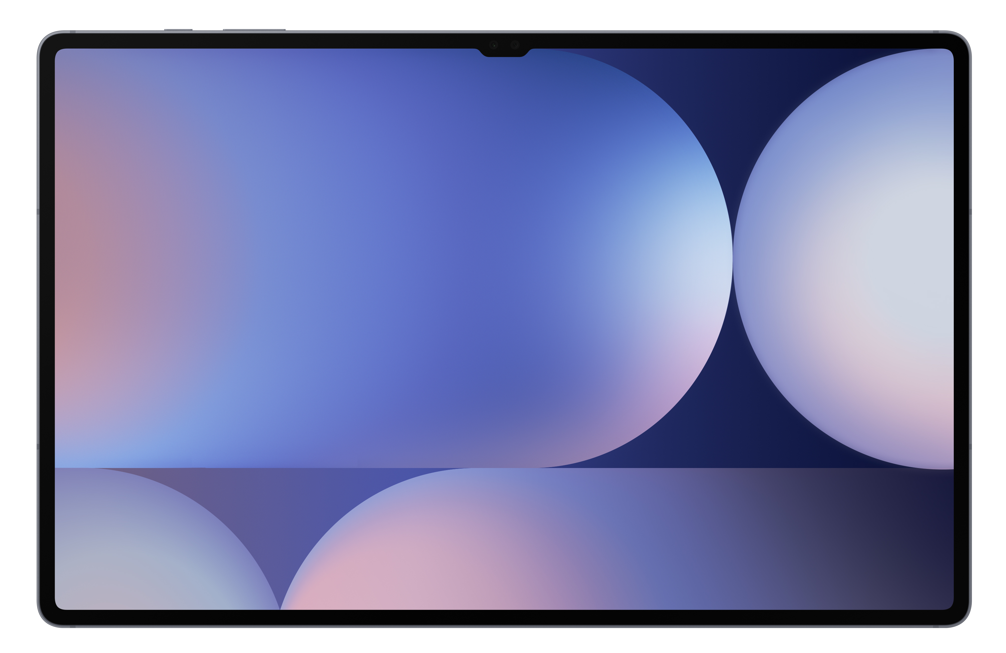 Tablet wyświetlający abstrakcyjne tło z niebieskimi i fioletowymi okręgami.