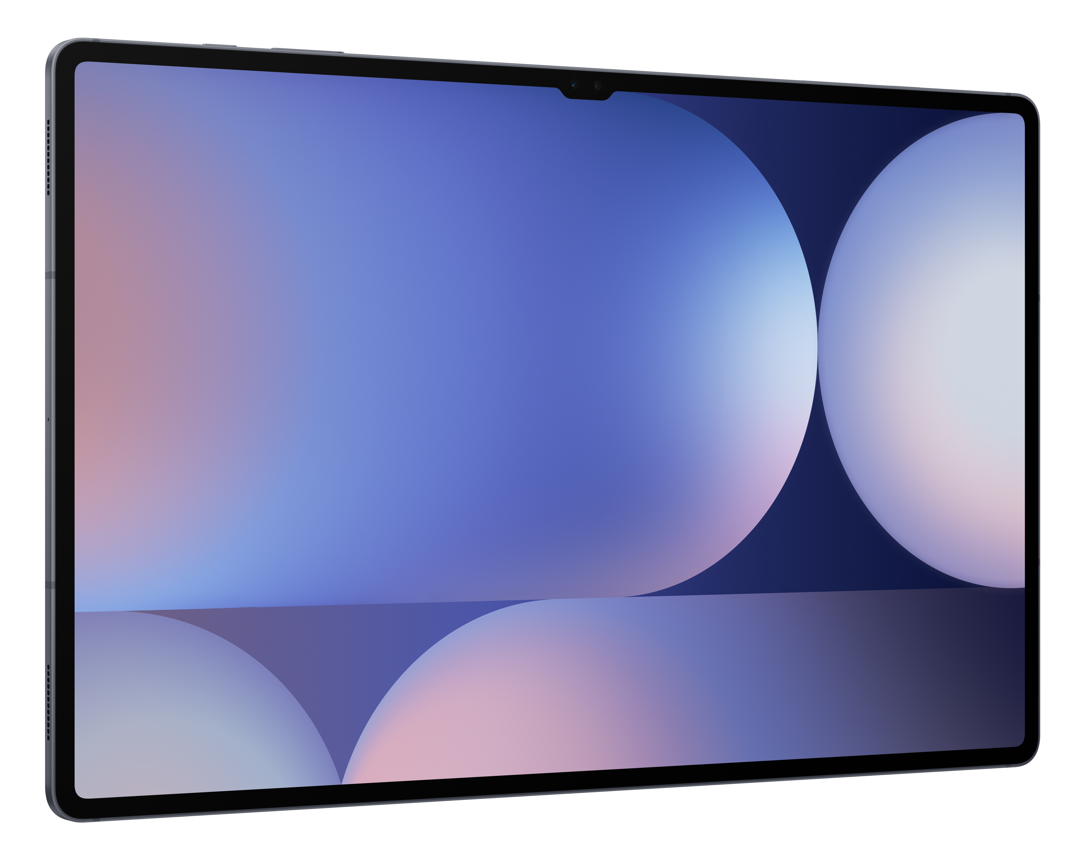 Tablet z dużym ekranem wyświetlającym niebiesko-fioletowy gradient.