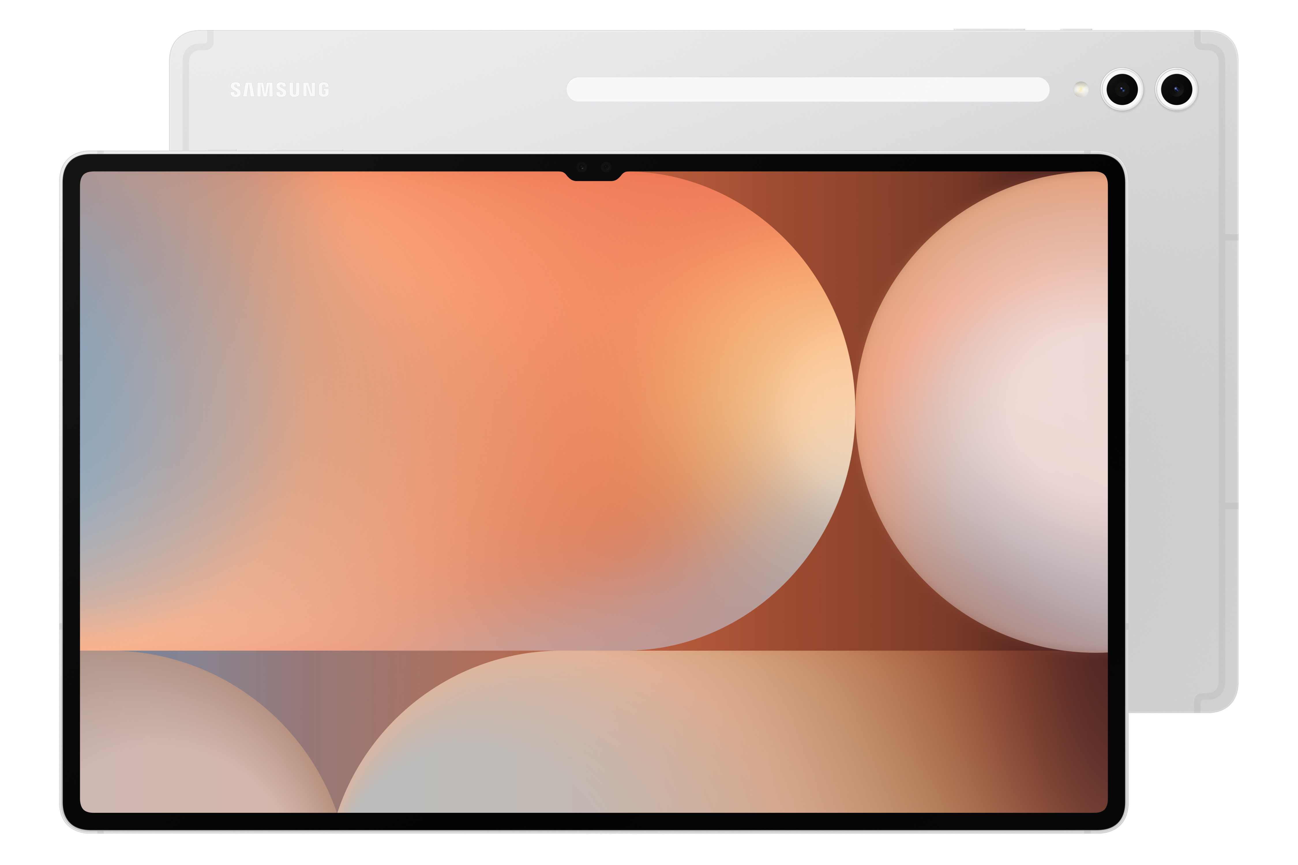 Tablet z gradientowym ekranem, widok z tyłu. Srebrny kolor.