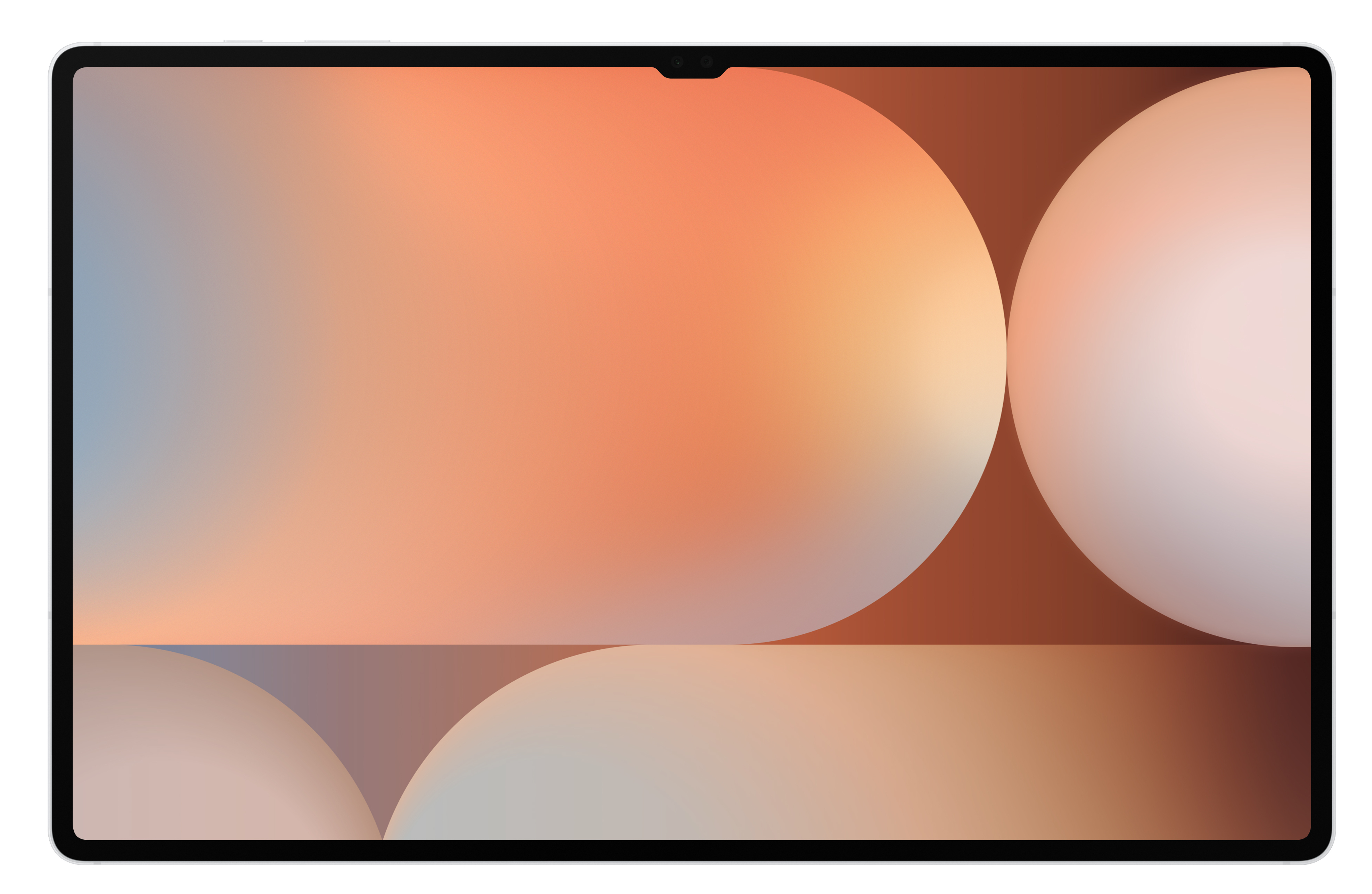 Tablet z gradientowymi kołami i tekstem "Galaxy Tab S10+" na czarnym tle.