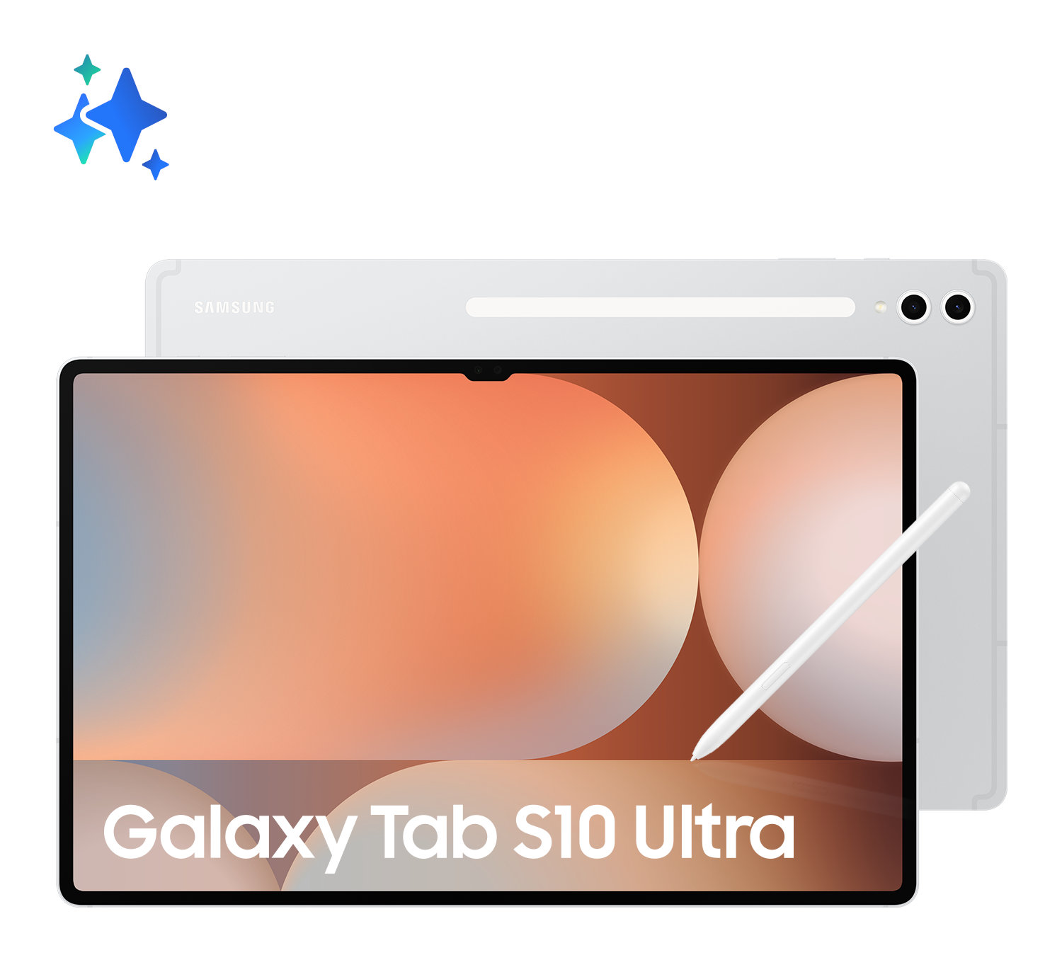 Tablet Samsung Galaxy Tab S10 Ultra z białym rysikiem na białym tle o prostym wzorze.
