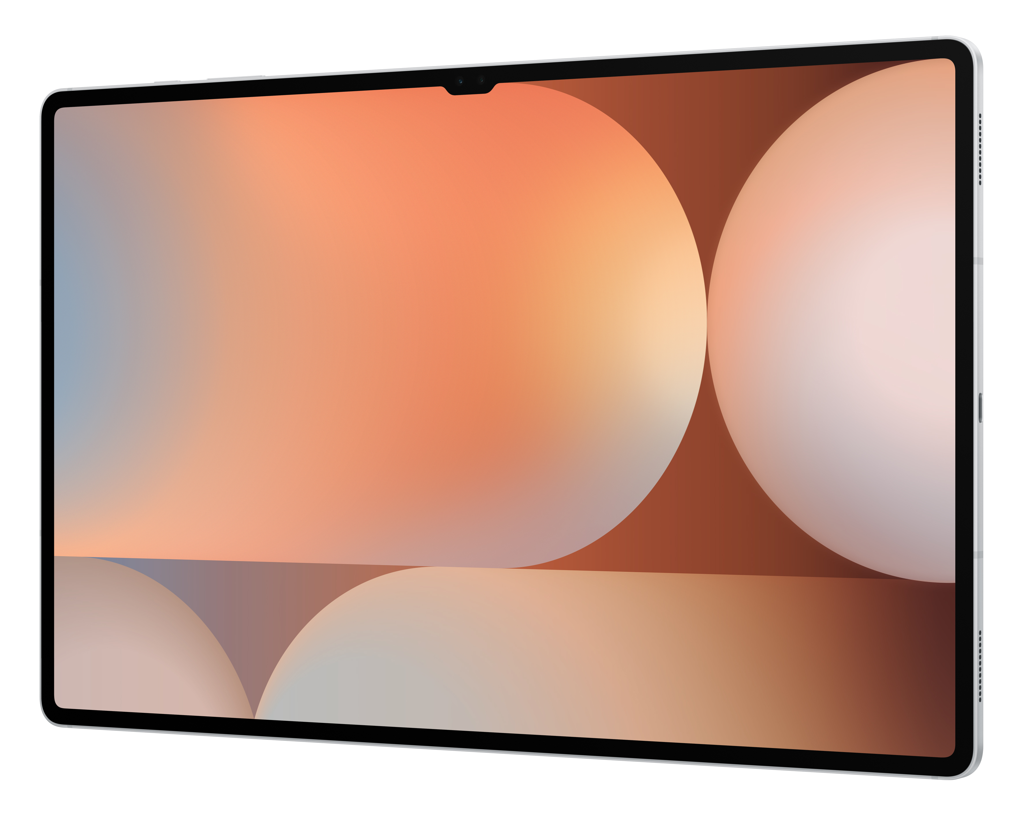 Tablet z białą ramką i ekranem wyświetlającym abstrakcyjny pomarańczowo-brązowy gradient.