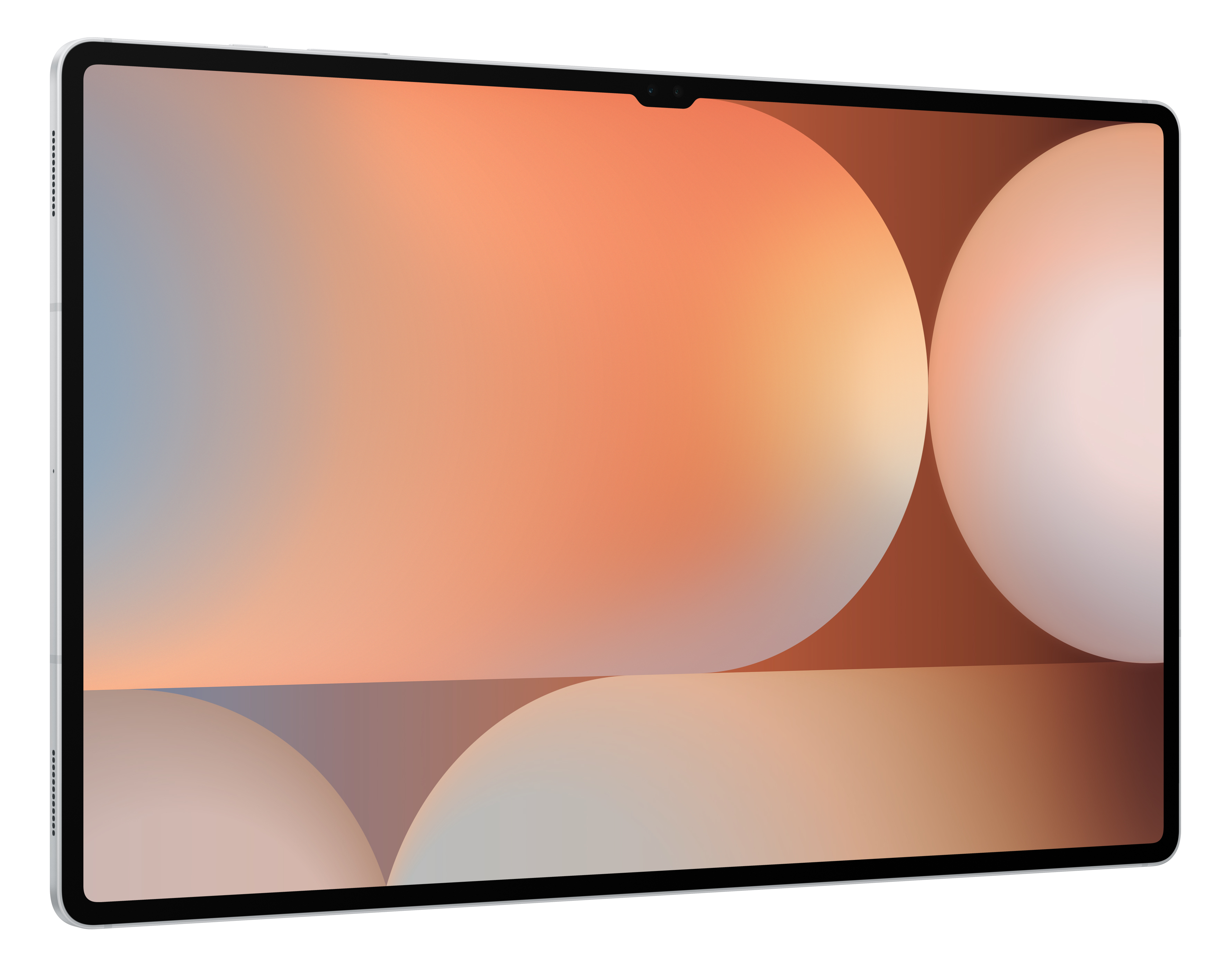 Tablet z kolorowym ekranem. Ekran wyświetla gradient pomarańczowych i niebieskich kolorów.