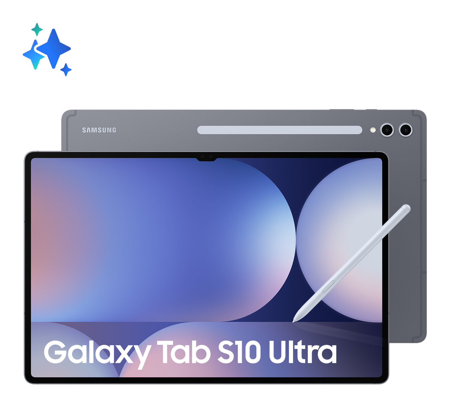 Tablet z rysikiem na białym tle, ekran pokazuje gradient, z napisem 'Galaxy Tab S10 Ultra'.