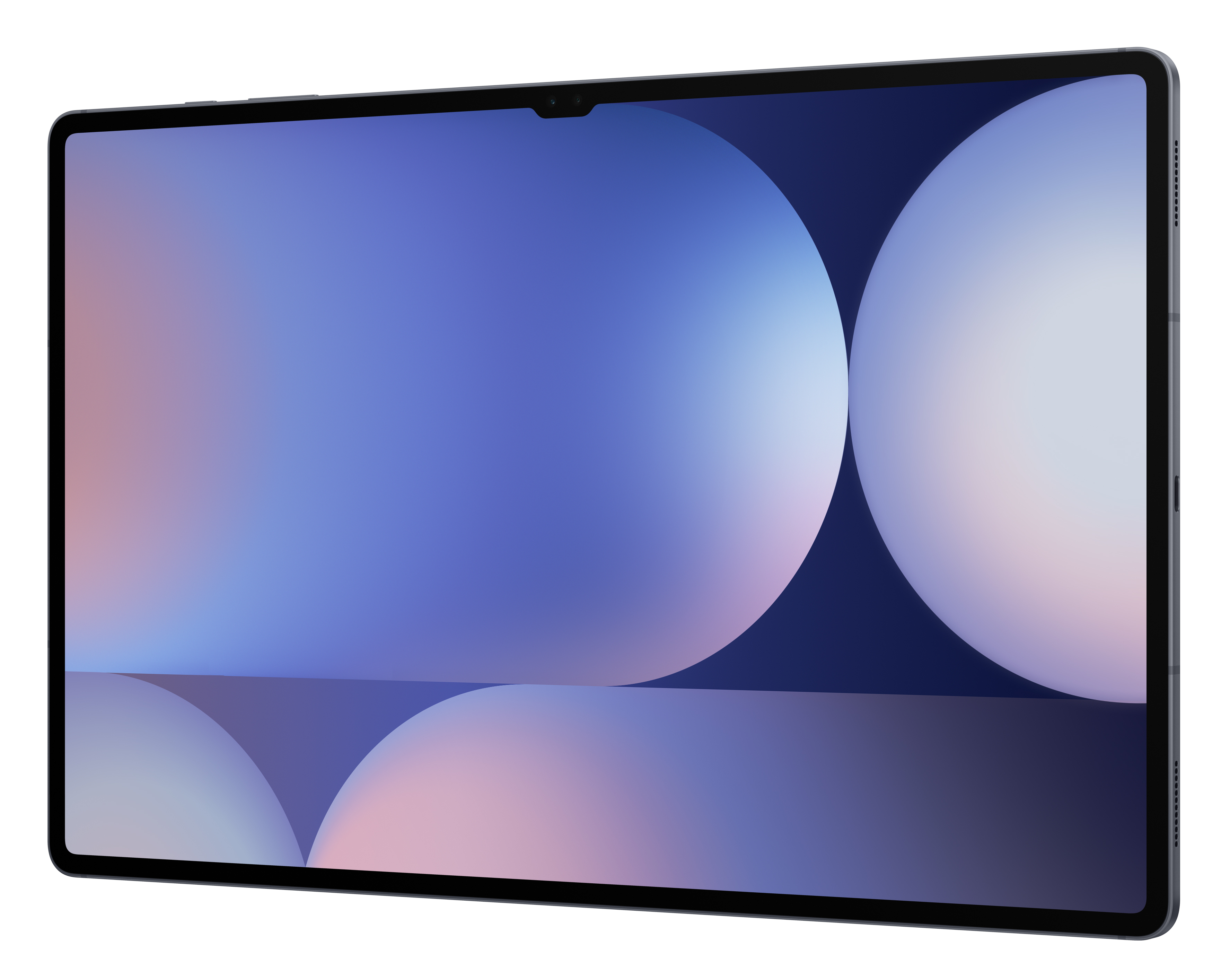 Tablet z białą ramką i ekranem, na którym wyświetlany jest niebiesko-fioletowy gradient z białymi okręgami.
