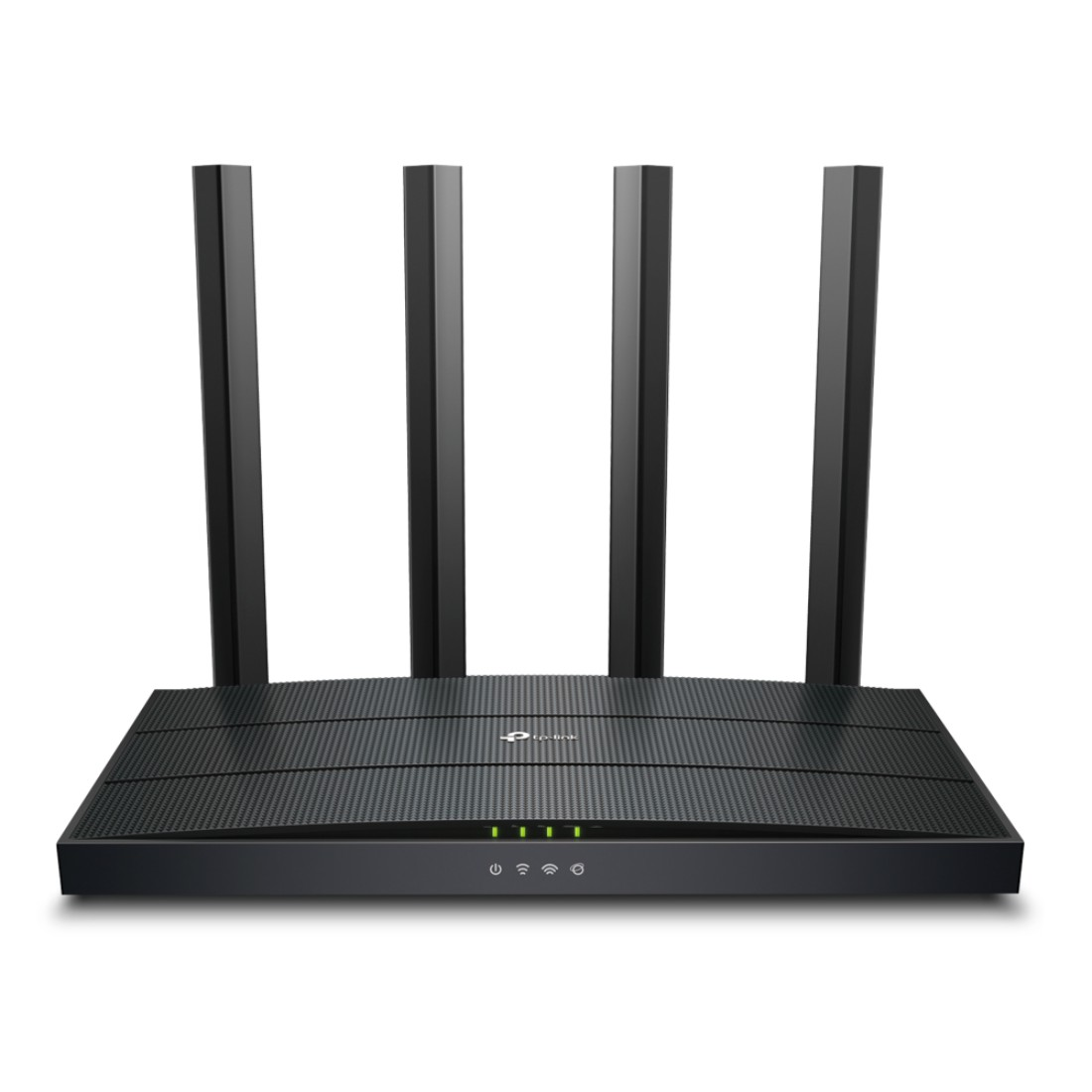 Ein schwarzer Router mit vier Antennen vor weißem Hintergrund.