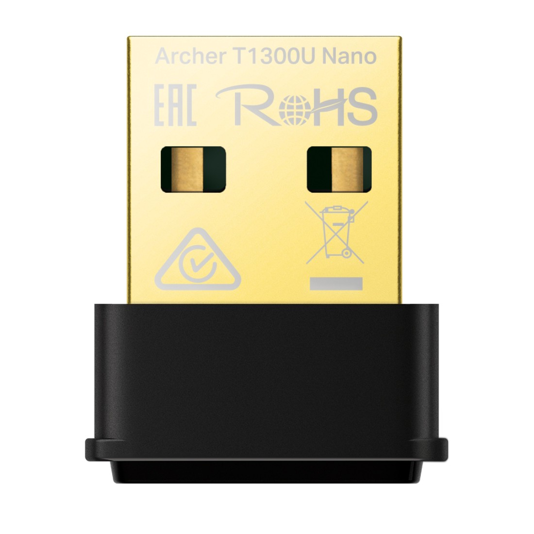 Ein goldener USB-Adapter. Er hat die EAC- und RoHS-Symbole.