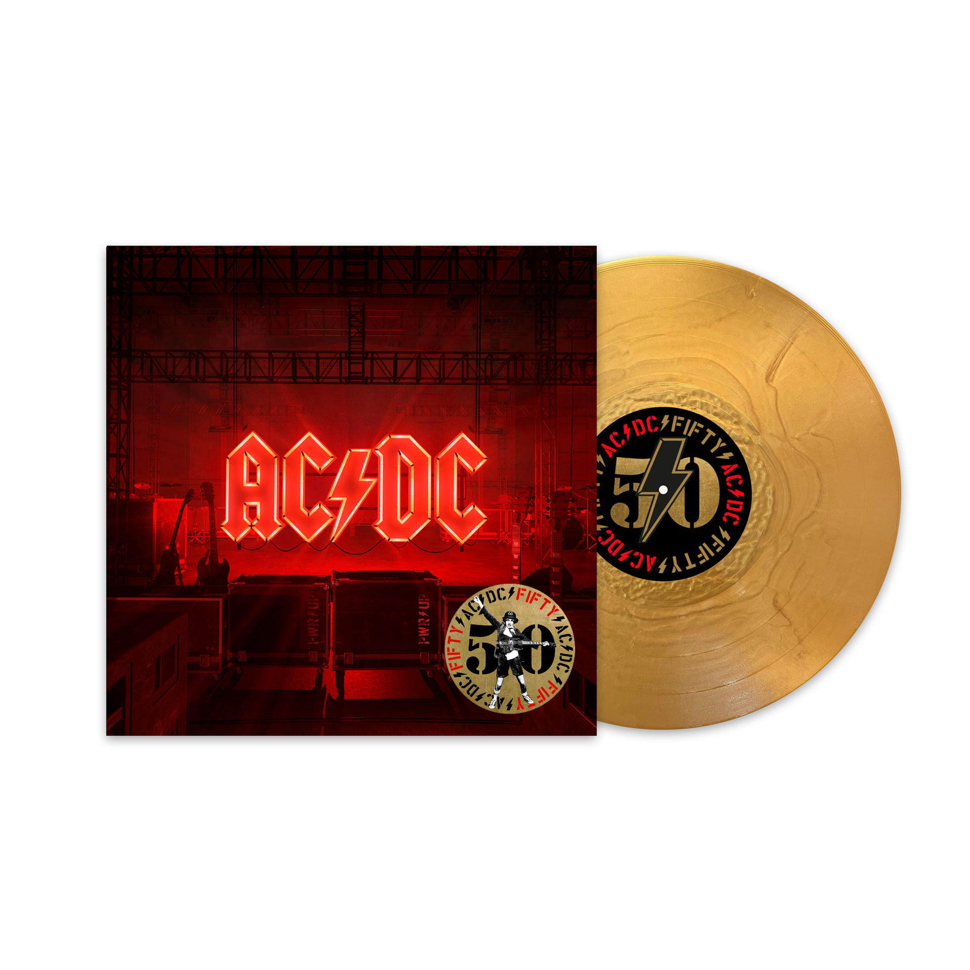 AC/DC 50. évfordulós arany bakelit lemez borítóval és címkével.