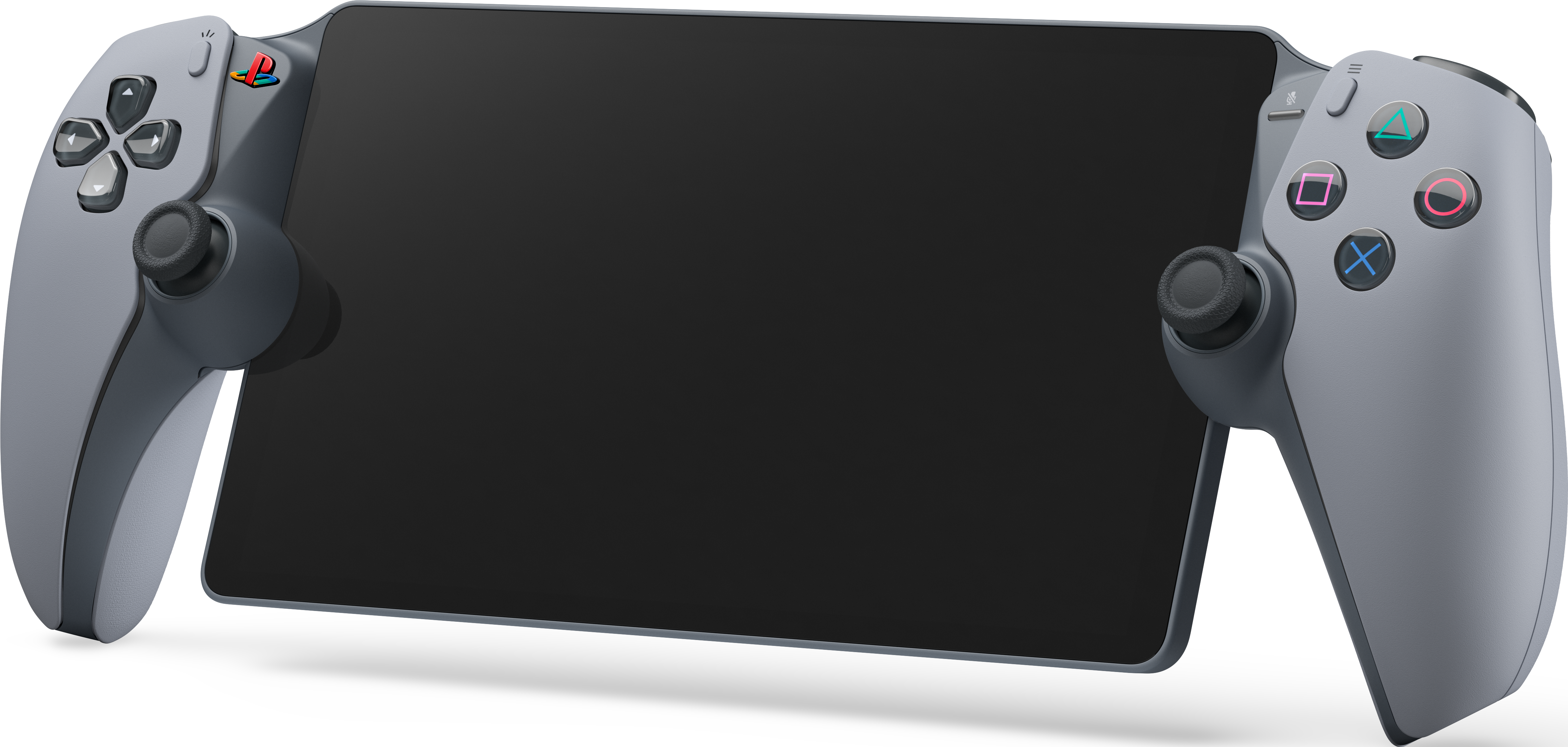 Un dispositivo di gioco portatile grigio con schermo nero. Ha impugnature del controller su entrambi i lati con pulsanti e joystick.
