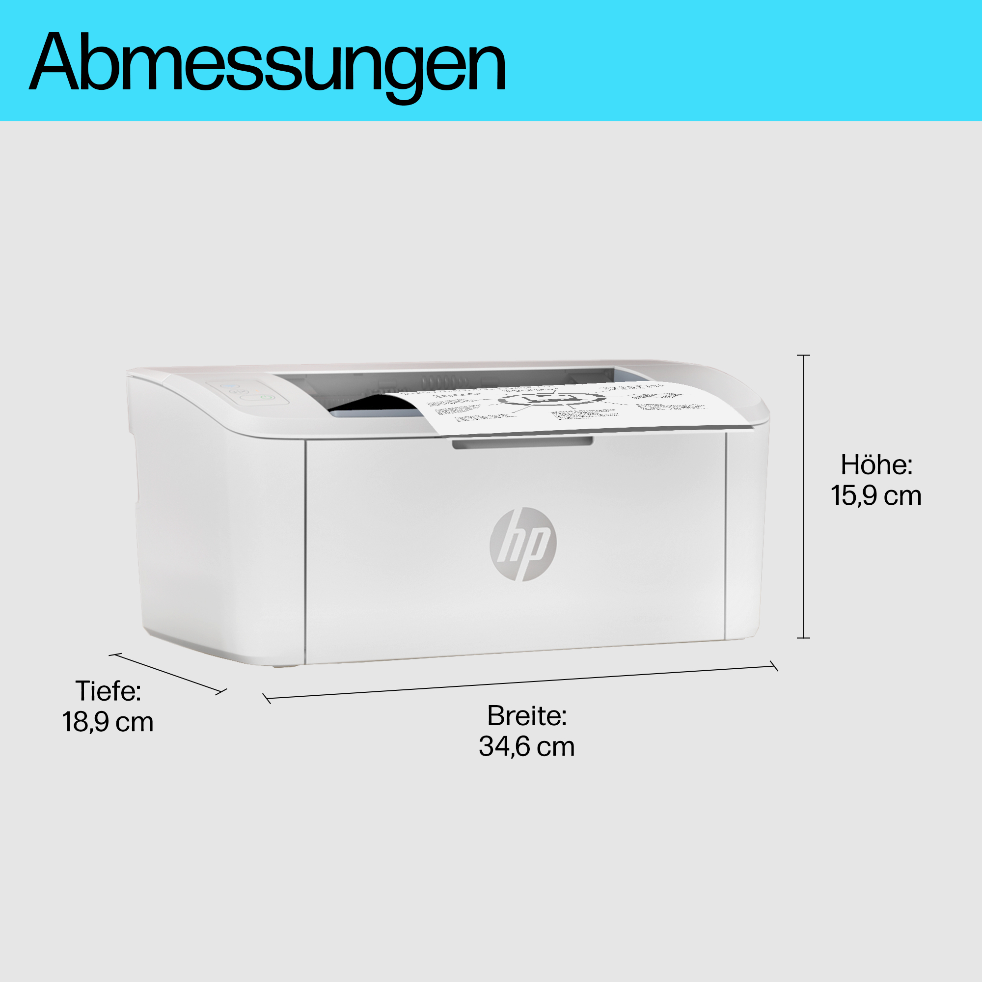 Weißer HP-Drucker mit Abmessungen: Tiefe 18,9 cm, Breite 34,6 cm, Höhe 15,9 cm.