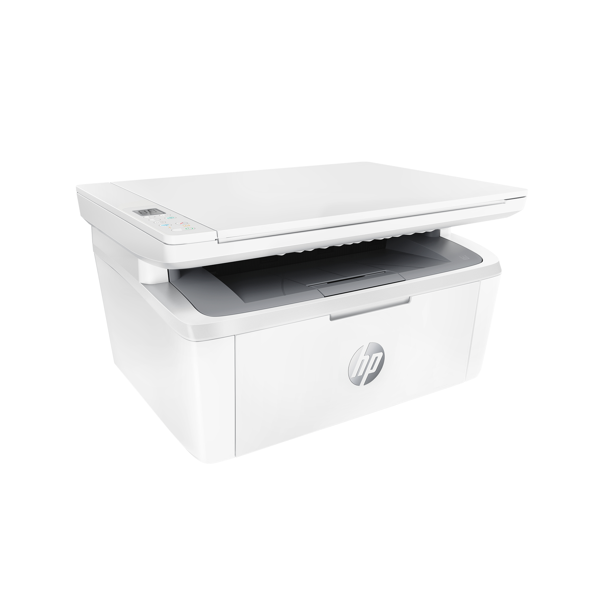 Weißer HP-Drucker auf weißem Hintergrund. Seitenansicht des Druckers.