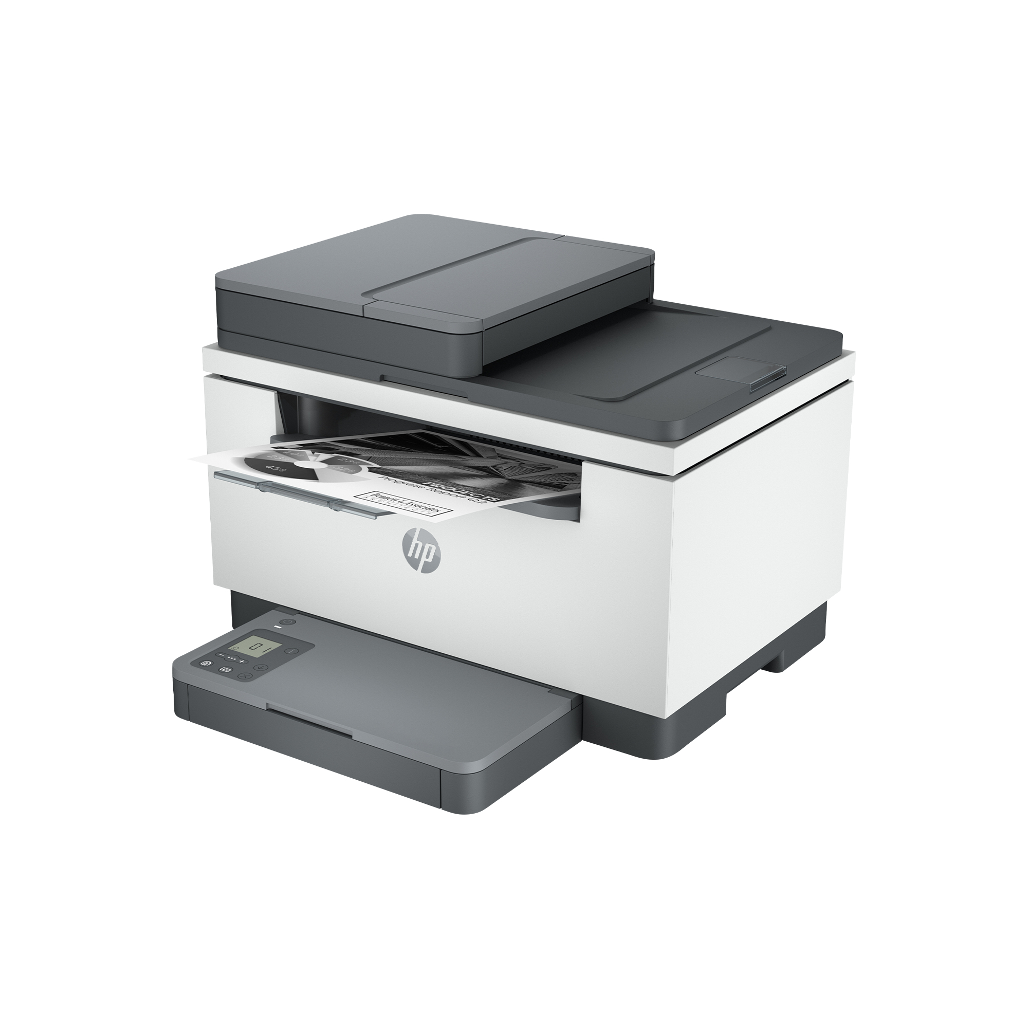 Weiß-grauer HP Drucker druckt Dokument, schräge Ansicht.