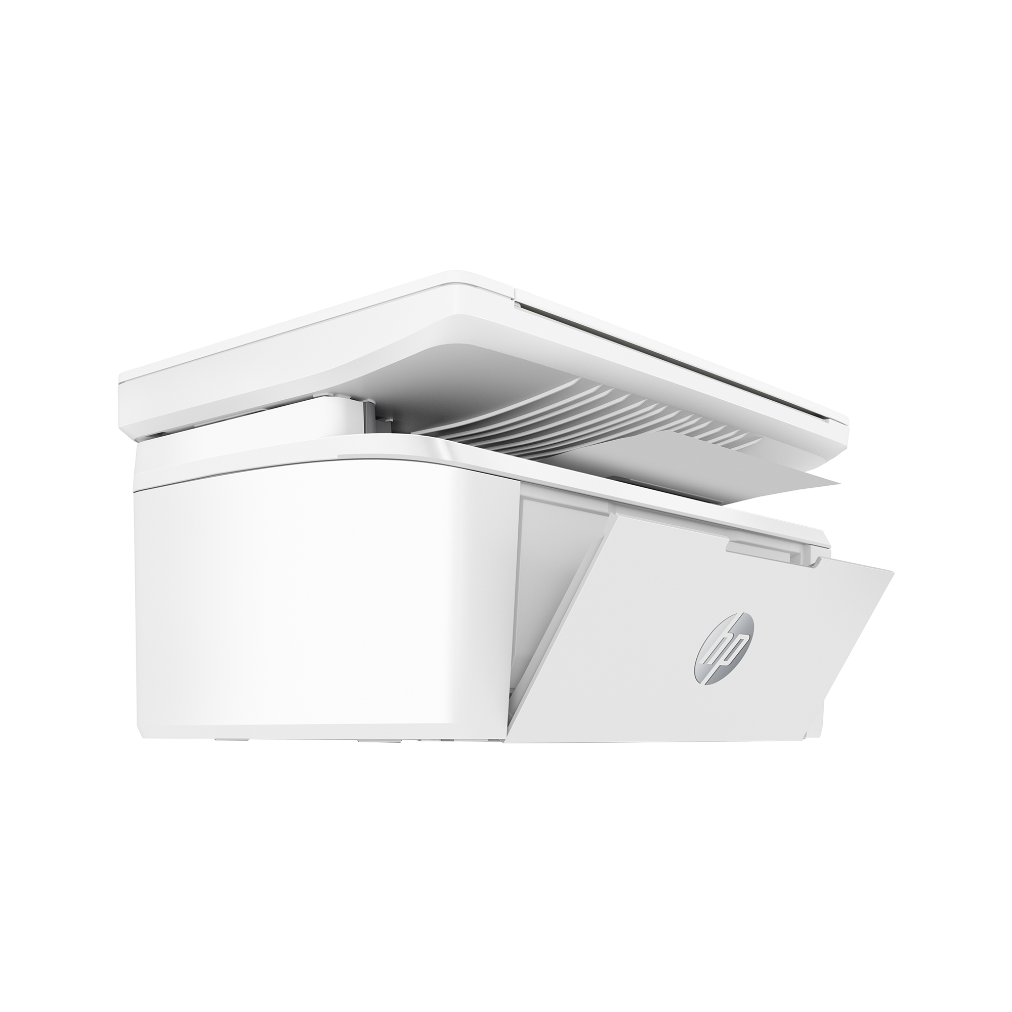 Ein weißer HP-Drucker, Seitenansicht, mit geöffnetem Papierfach und leicht geöffneter Oberseite.