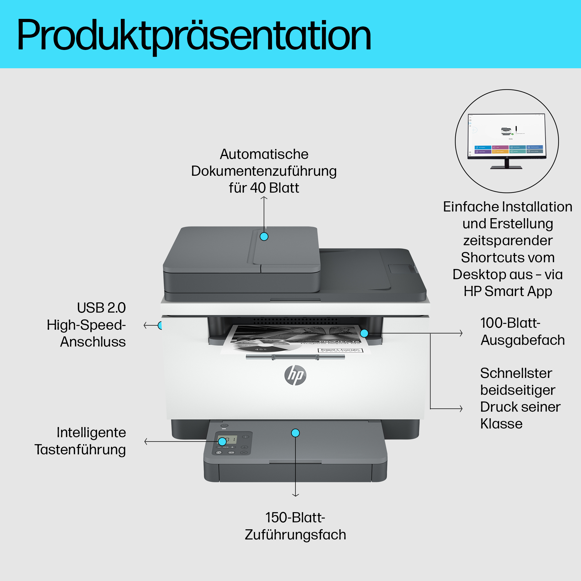 Ein Drucker mit Etiketten, die auf Funktionen wie automatische Dokumentenzufuhr und USB 2.0-Anschluss zeigen.