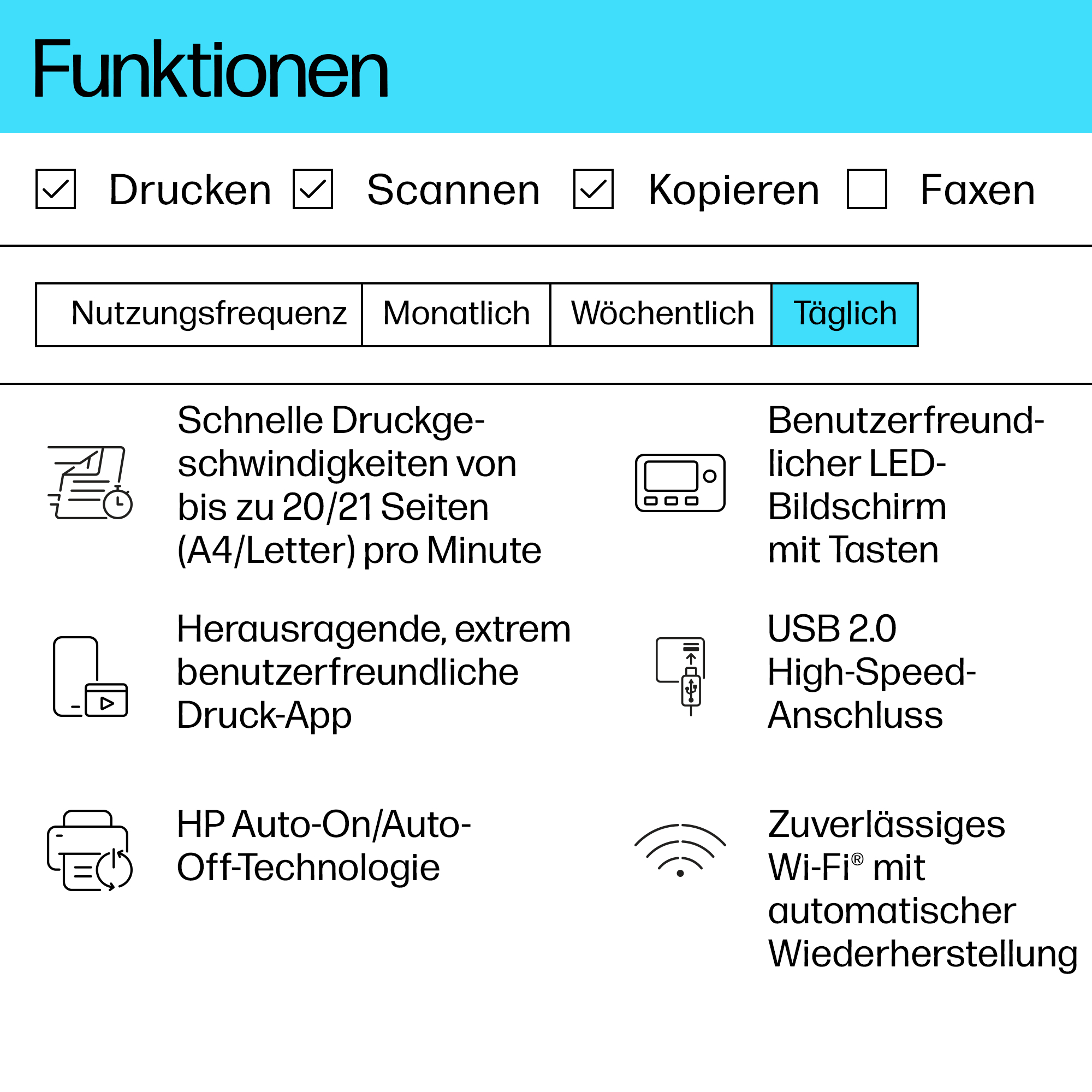 Eine Liste der Druckerfunktionen mit Häkchen und Symbolen.