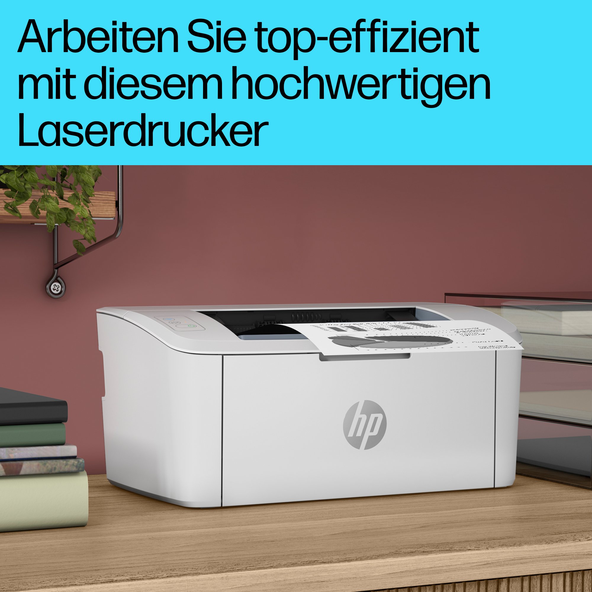 Weißer Laserdrucker auf einem Holztisch. Der Text lautet: Arbeiten Sie top-effizient mit diesem hochwertigen Laserdrucker.