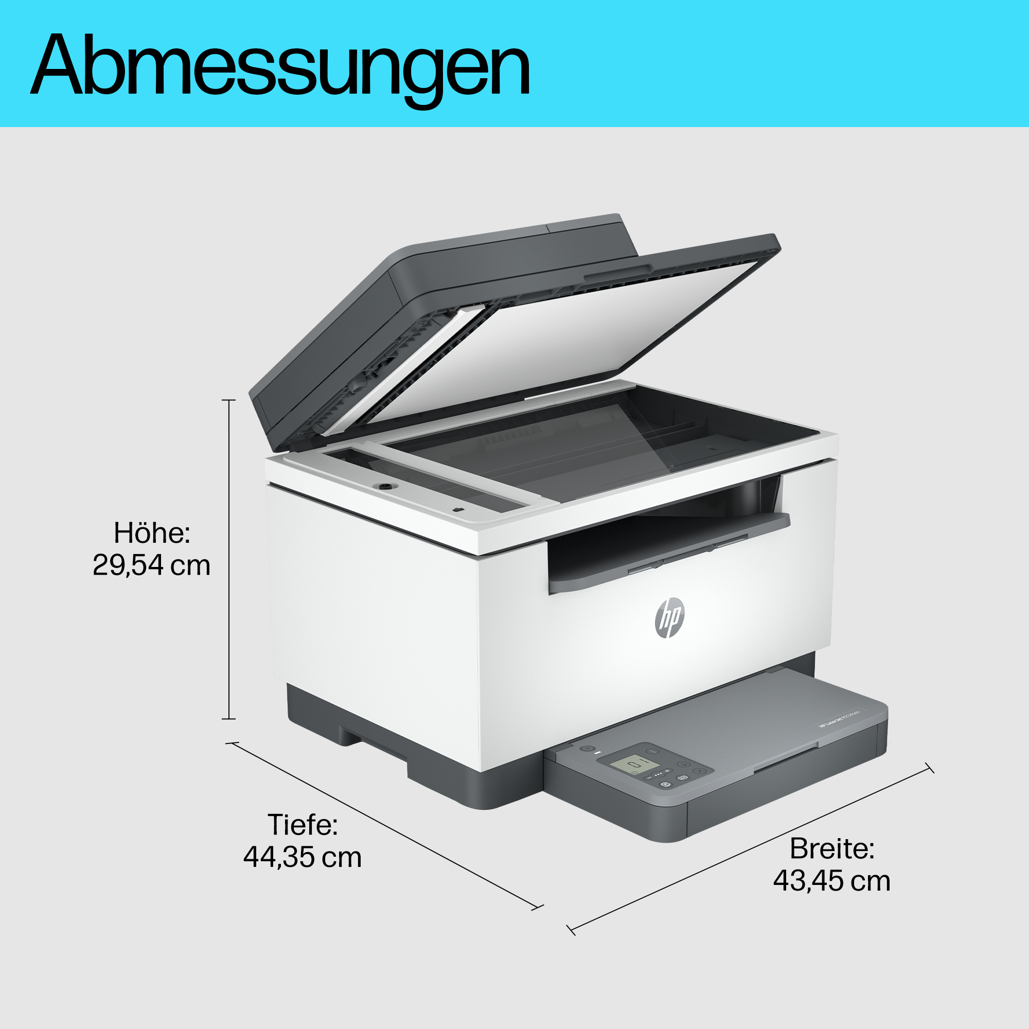 Ein weißer und grauer Drucker mit beschrifteten Abmessungen, Höhe 29,54 cm, Tiefe 44,35 cm und Breite 43,45 cm.