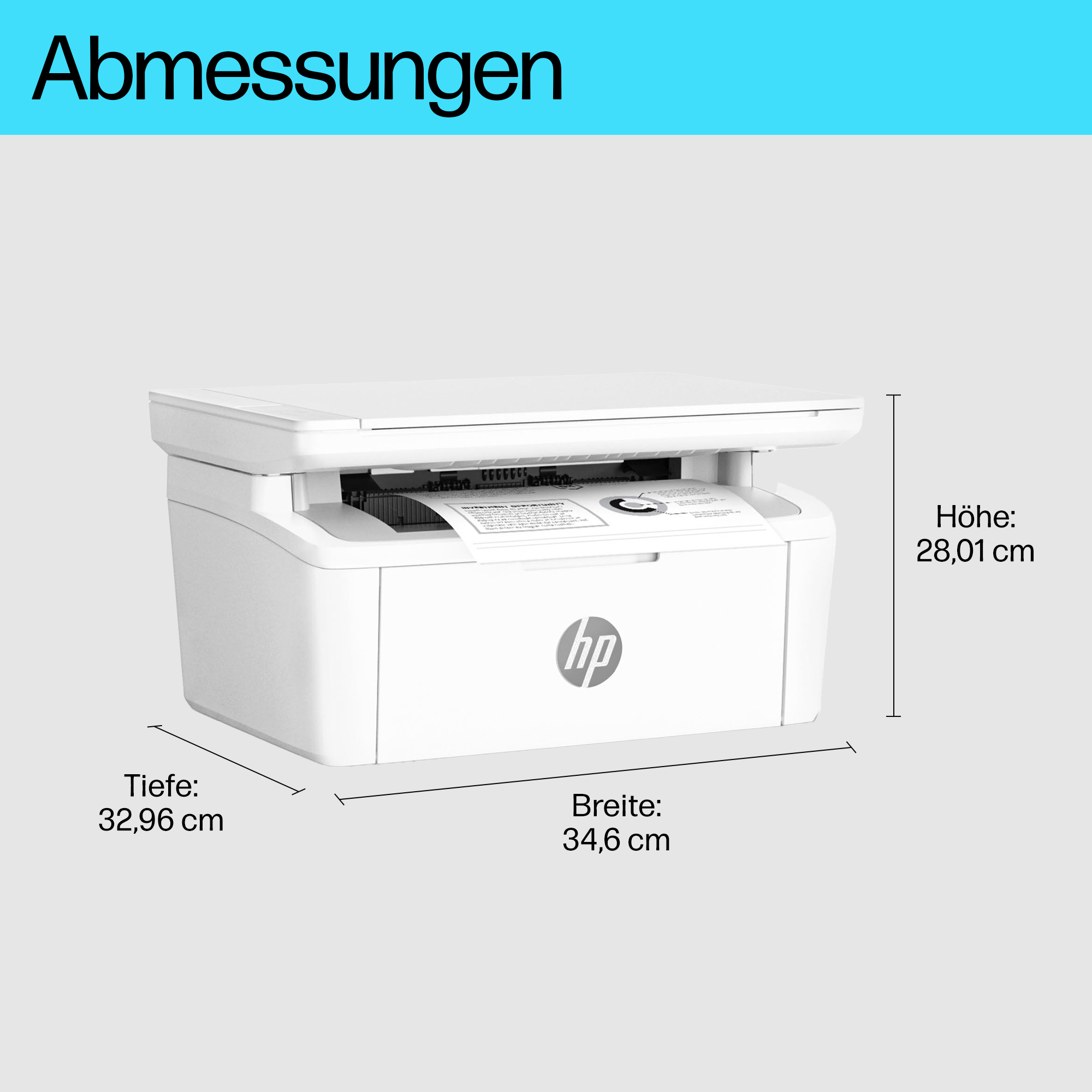 Weißer Drucker mit Maßangaben. Tiefen-, Breiten- und Höhenmaße angezeigt.
