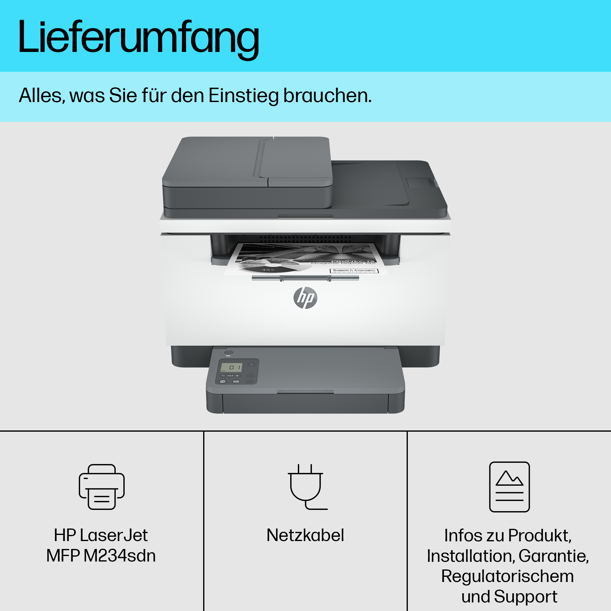 Ein Drucker mit weißem Gehäuse und schwarzem Oberteil. Zubehör ist unten aufgelistet. Das HP-Logo ist prominent.