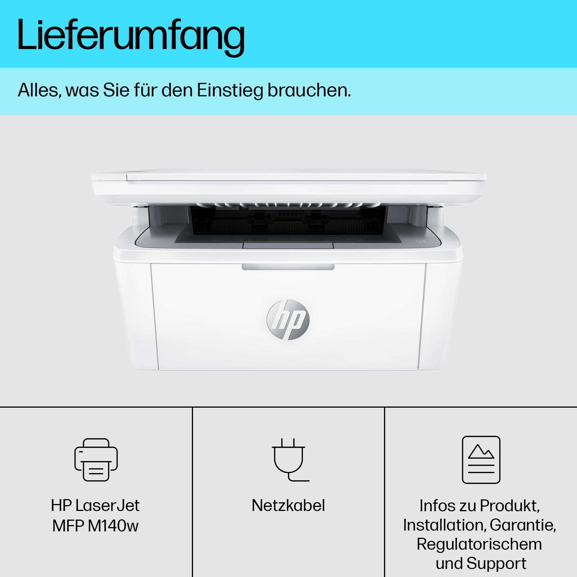 Weißer HP Laserjet Drucker mit unterstützendem Text und Symbolen darunter.