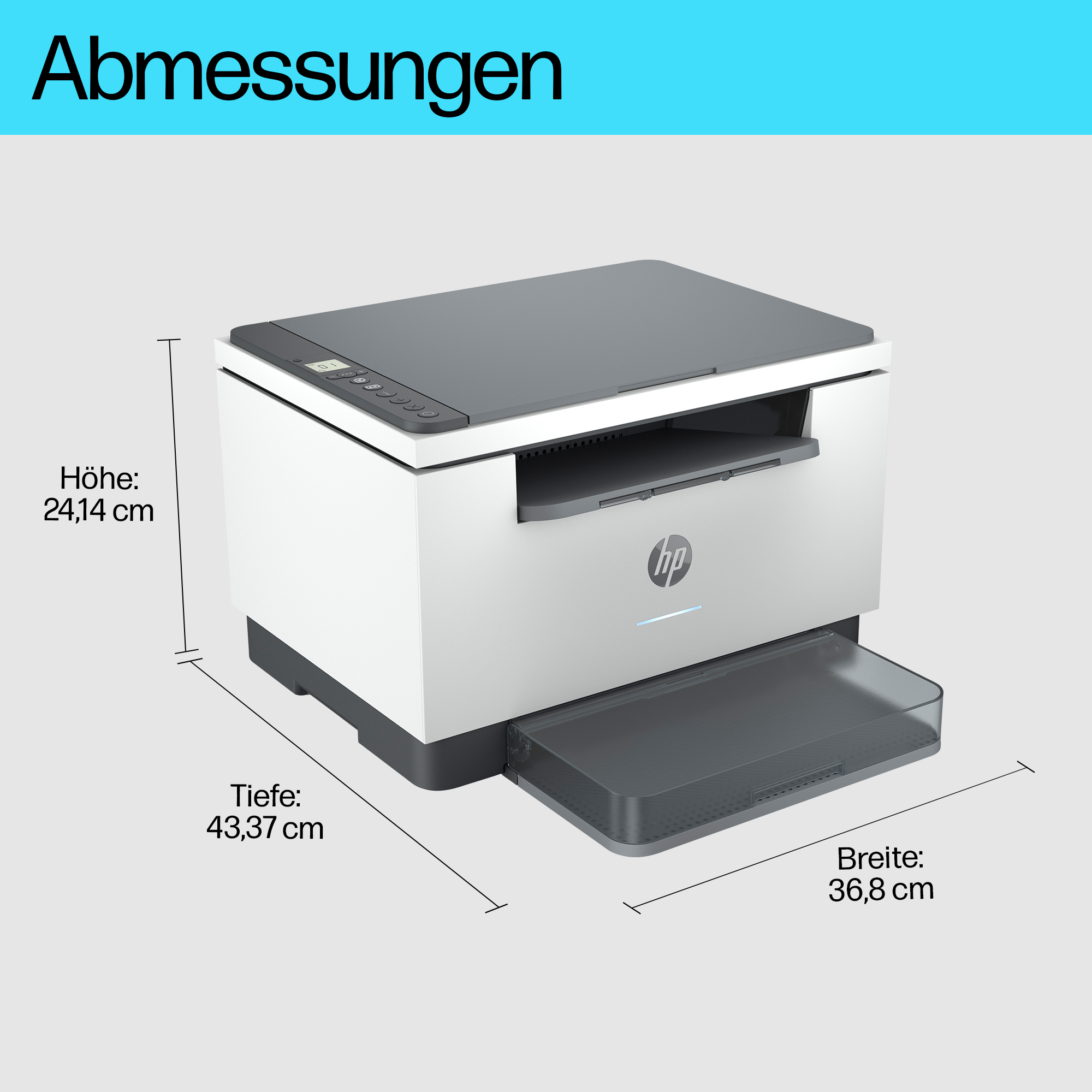 Ein weiß-grauer HP-Drucker mit Maßangaben. Er hat ein Fach und eine flache Oberseite.