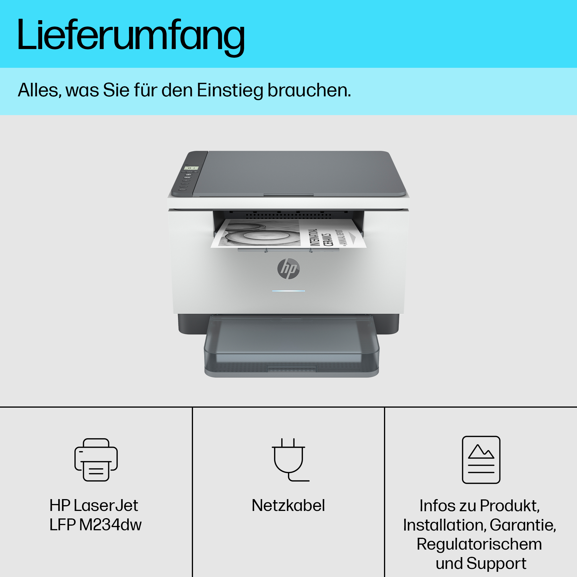 Weiß-grauer Drucker mit Papier und Symbolen für Drucker, Kabel und Informationen.