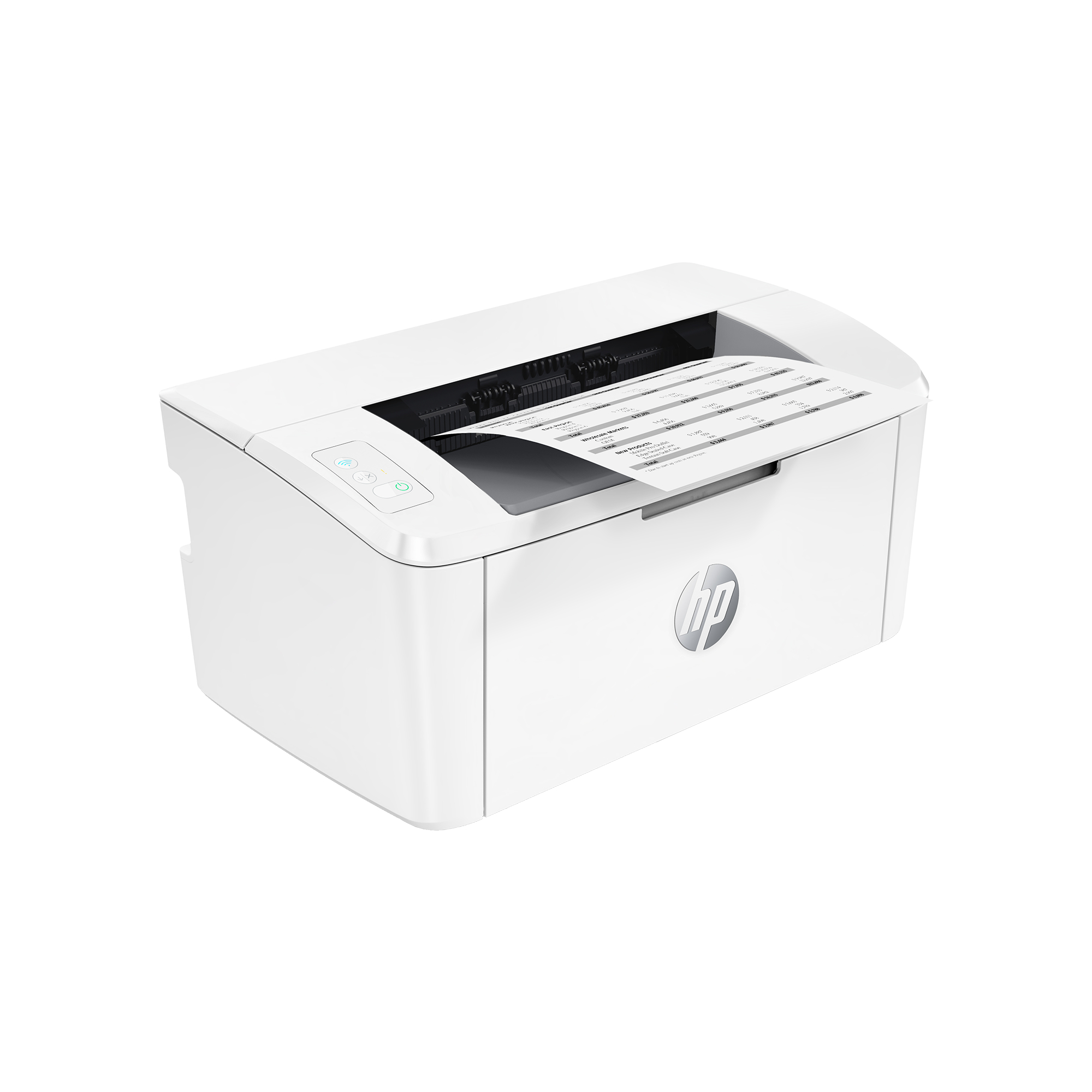 Weißer Drucker mit Papierausgabe. Drei Knöpfe auf der linken Seite.
