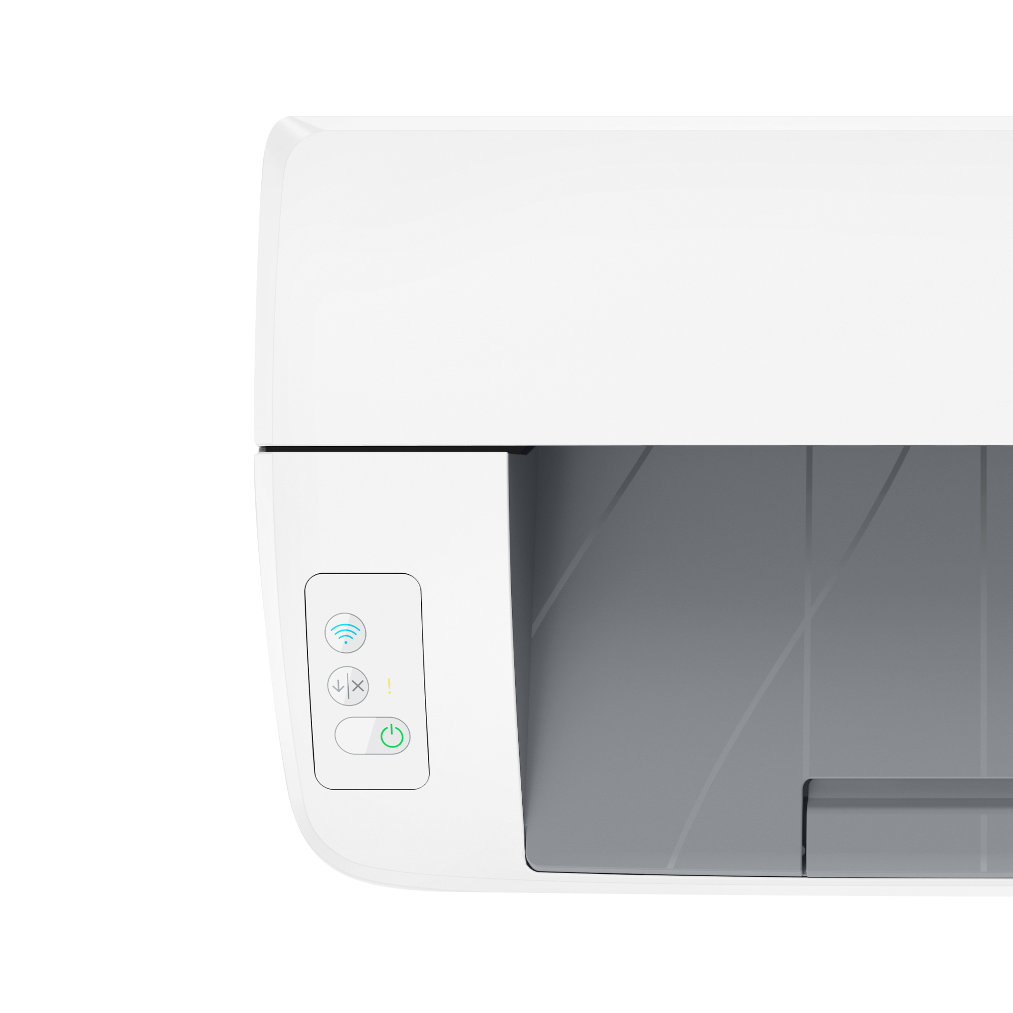 Nahaufnahme des Bedienfelds eines Druckers. Weißes Gehäuse mit grauem Panel und grüner Wi-Fi-Kontrollleuchte.