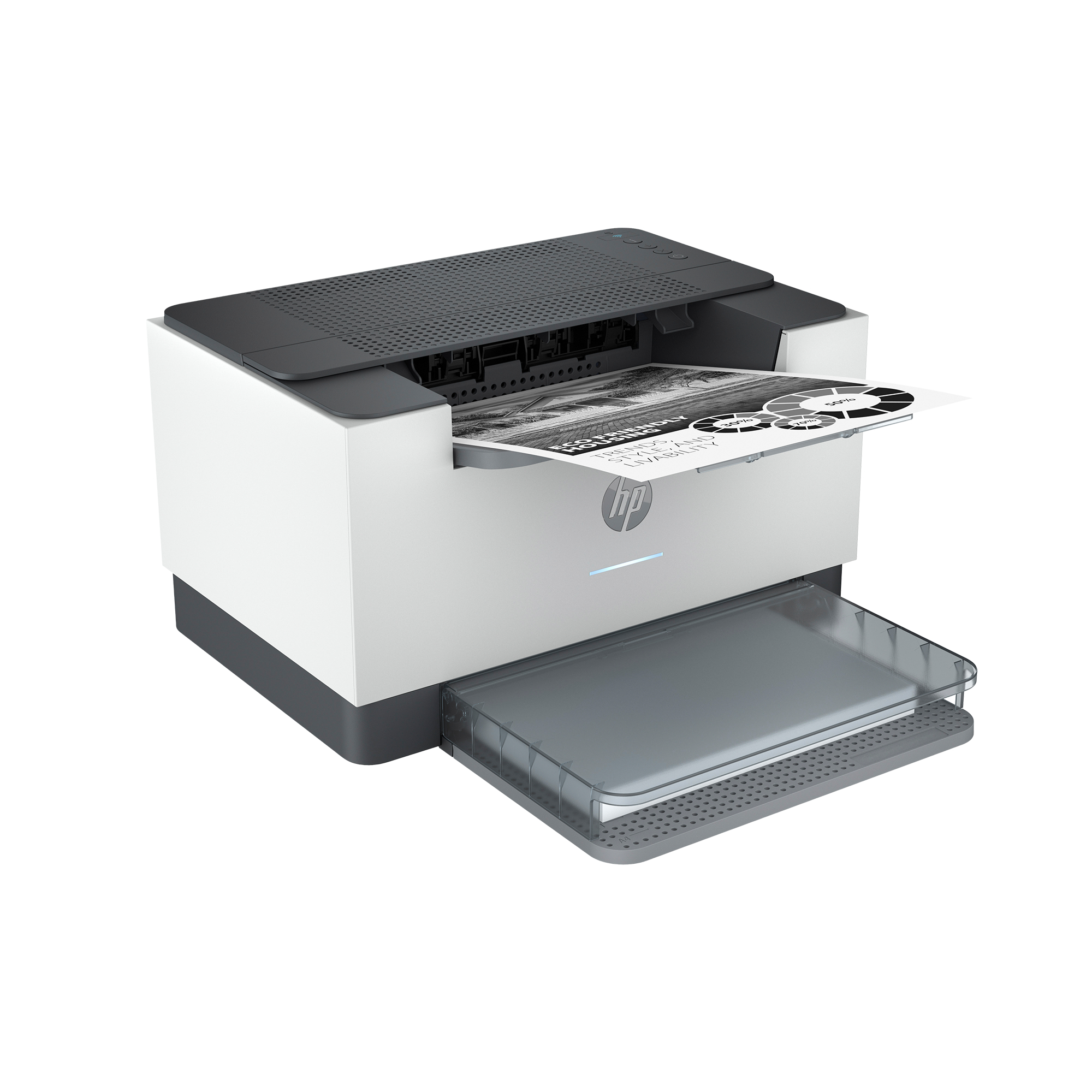 Weißer und grauer HP-Drucker, der ein Dokument druckt, auf weißem Grund, mit offenem Fach.