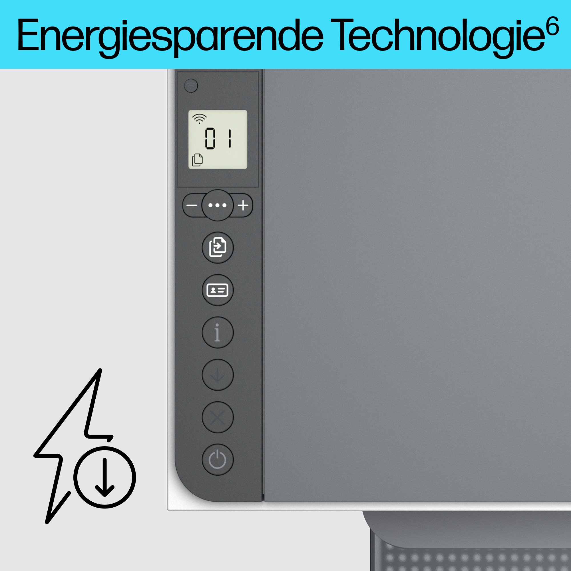Bedienfeld eines Druckers mit Display und mehreren Knöpfen. Es gibt ein Blitzsymbol.