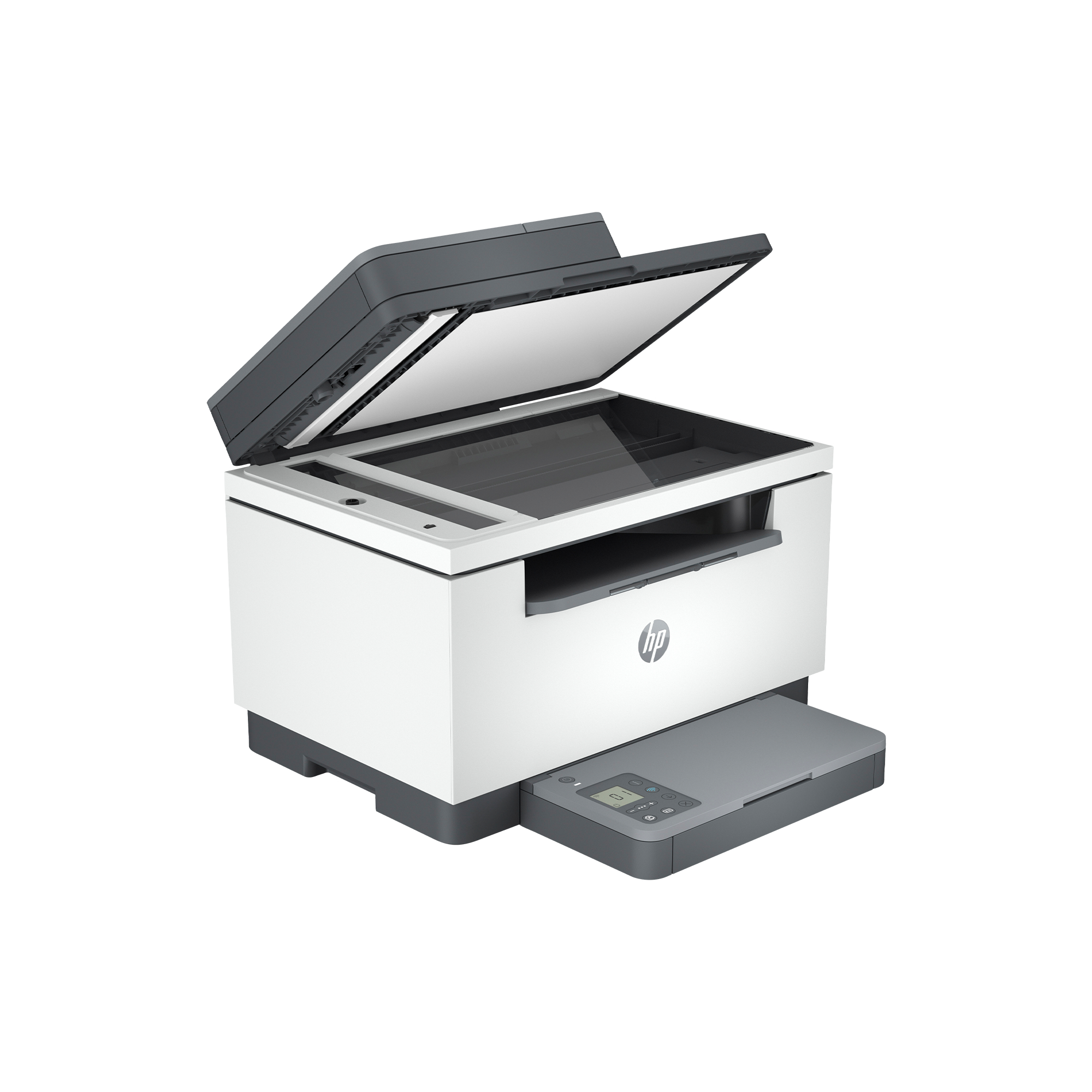 Weißer und grauer HP-Drucker mit geöffneter Oberseite, Druckfach ausgezogen.