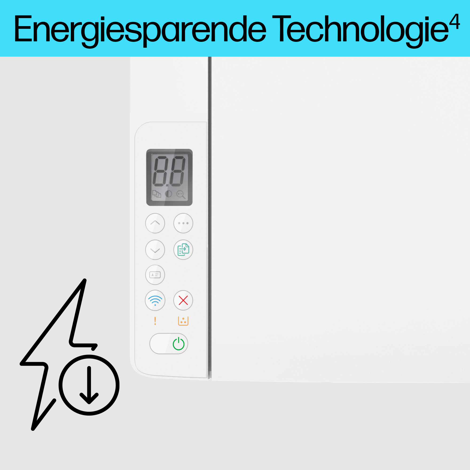 Weißes Gerätebedienfeld mit Symbolen und Digitalanzeige mit '8.8'. Das Blitzsymbol ist vorhanden.