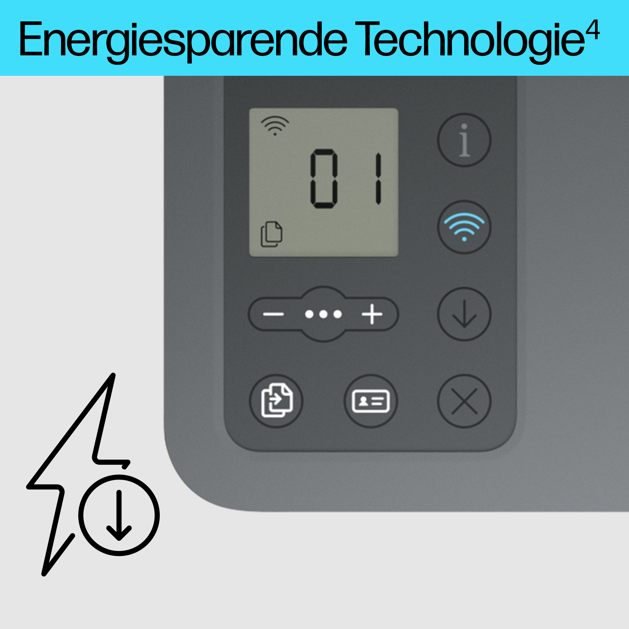 Nahaufnahme eines Druckerbedienfelds mit Display und Tasten, mit einem Blitzsymbol.