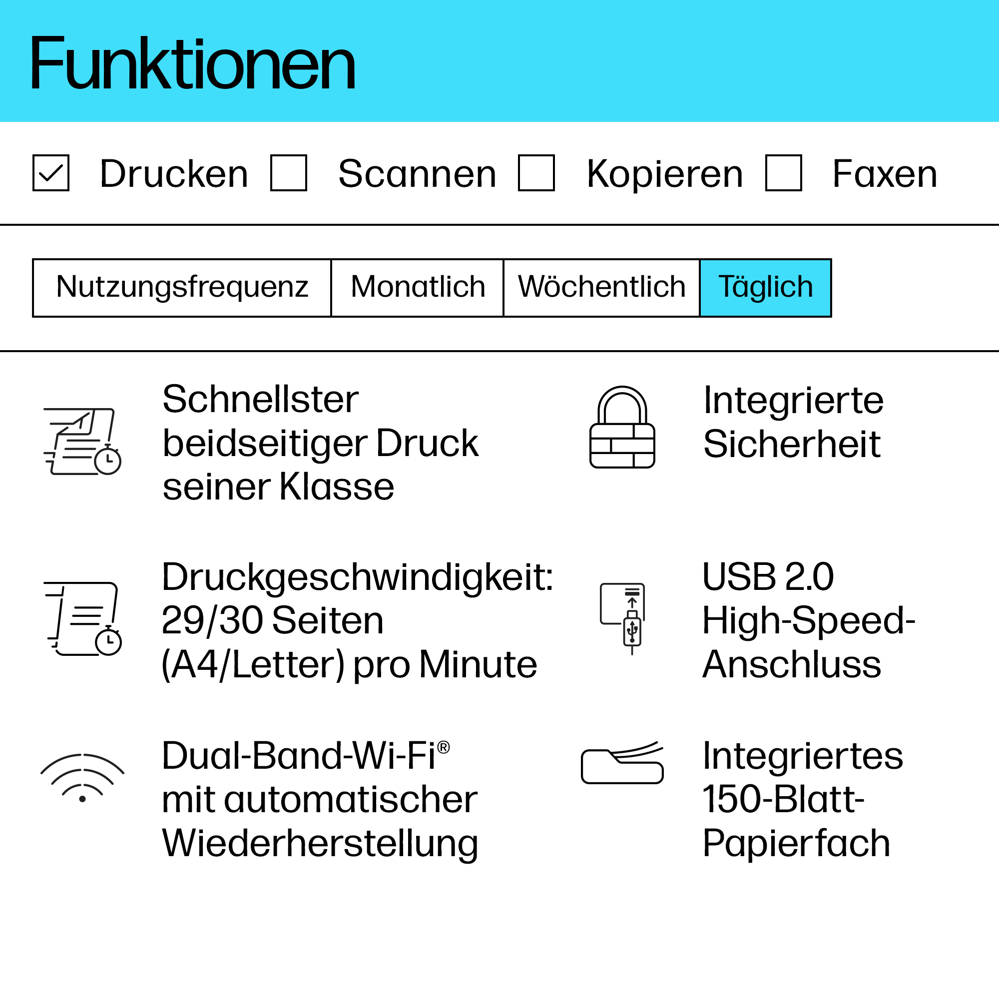 Ein gedrucktes Papier mit Produktmerkmalen. Es zeigt Druck-, Scan-, Kopier- und Faxoptionen.
