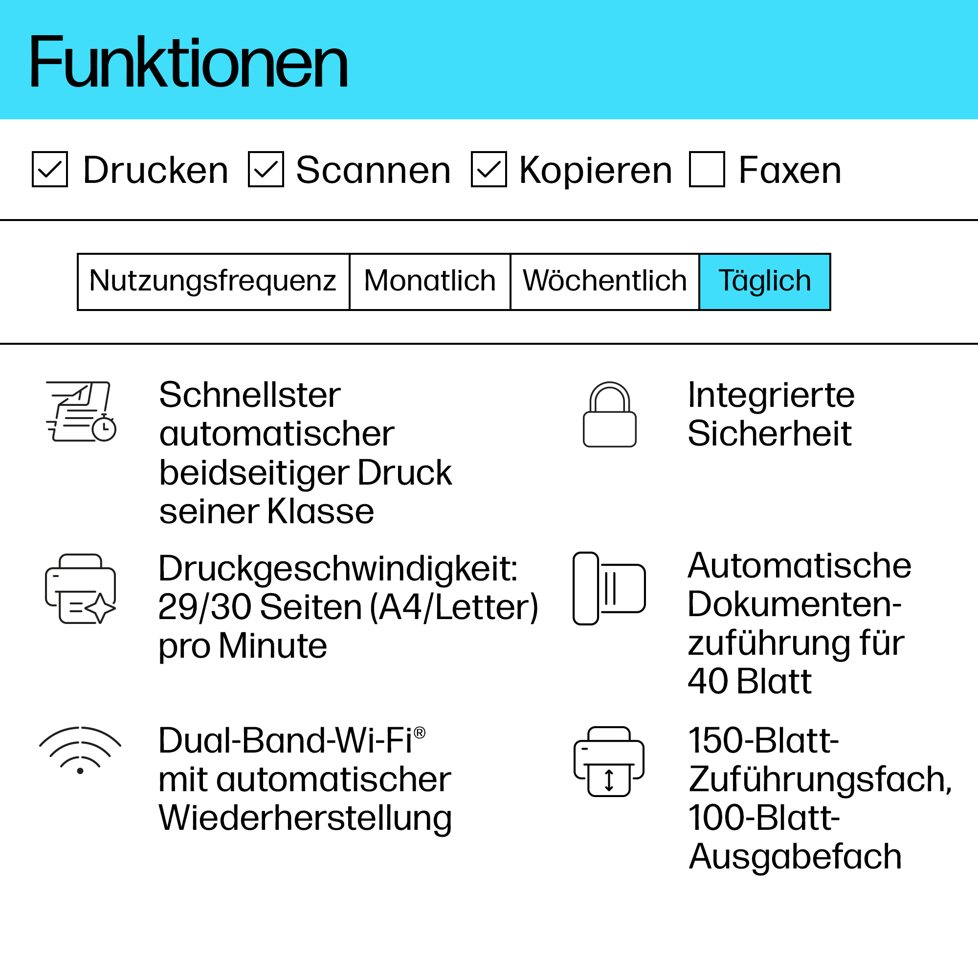 Ein weißer Druck mit Text und Symbolen über die Funktionen und Merkmale des Druckers wird gezeigt.