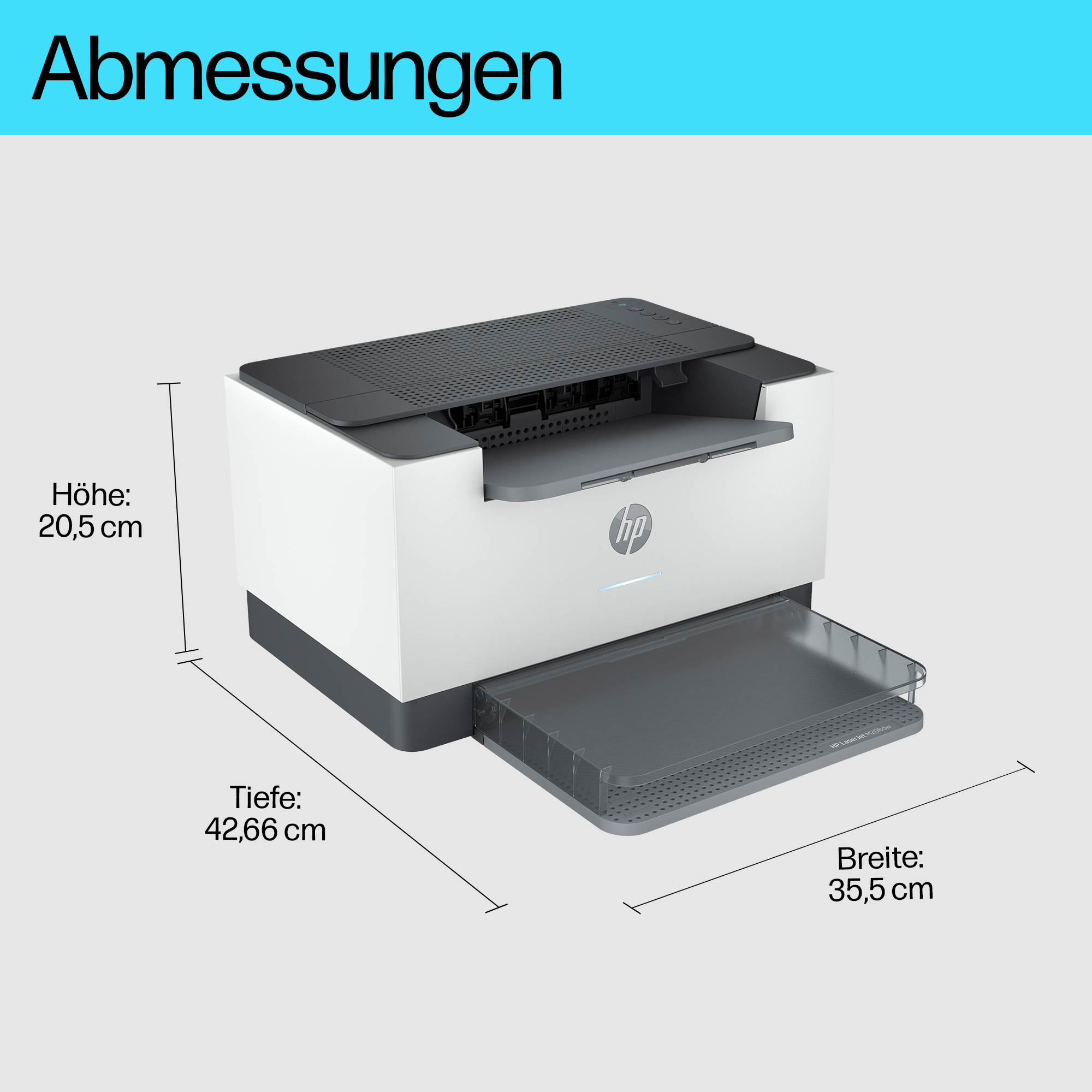 Ein weißer und grauer Drucker mit den Maßen: Höhe 20,5 cm, Tiefe 42,66 cm, Breite 35,5 cm.