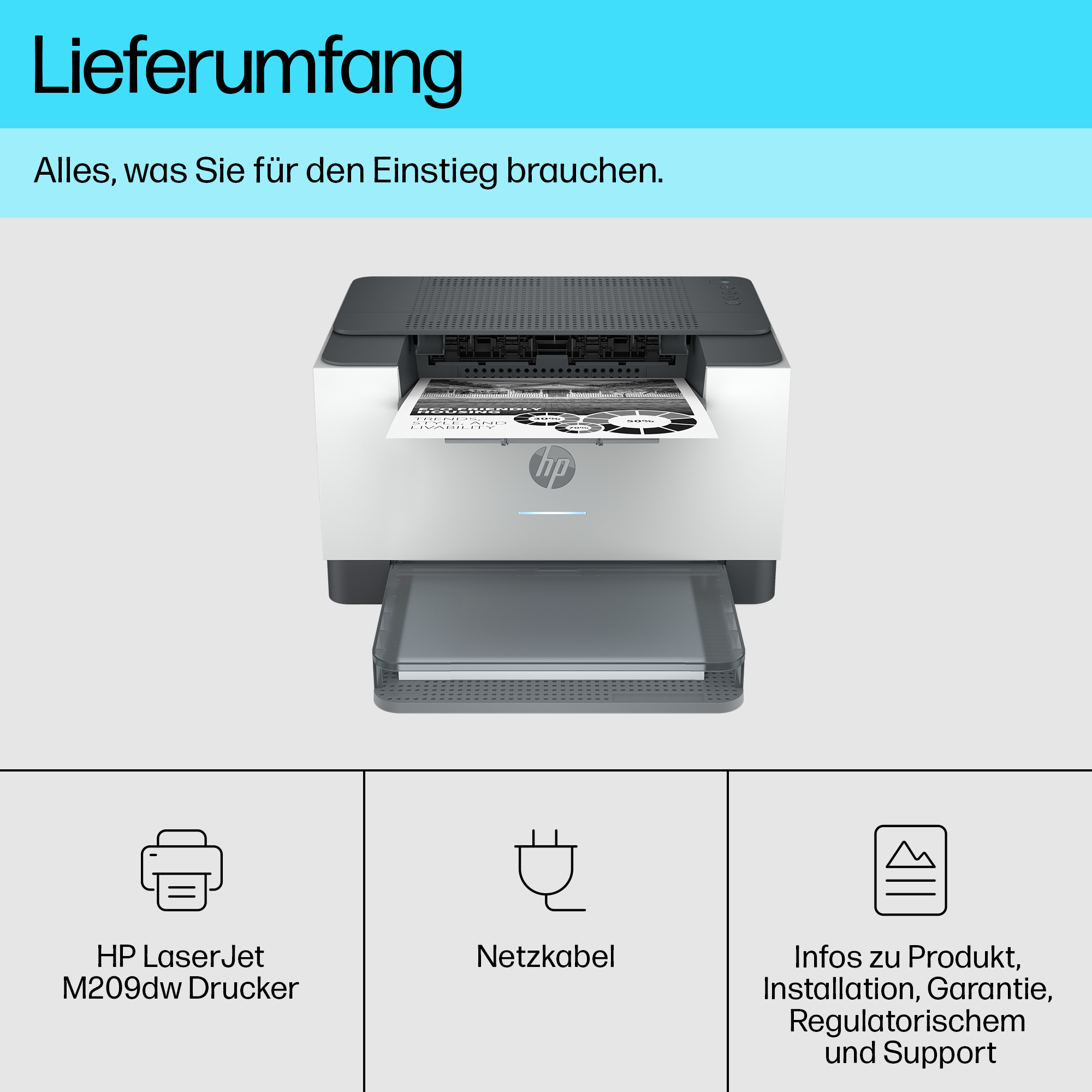 Ein Drucker mit Papierausgabe und drei Symbolen, die HP-Druckerkomponenten veranschaulichen.