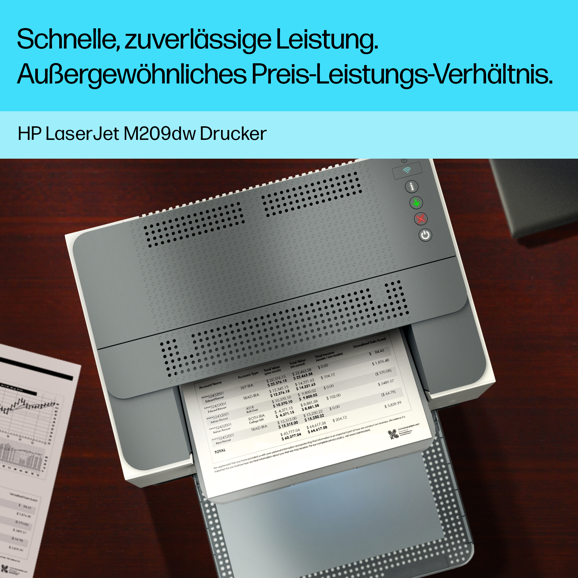 Ein Drucker druckt ein Dokument. Der Drucker ist grau, mit einem weißen Blatt Papier, das herauskommt.