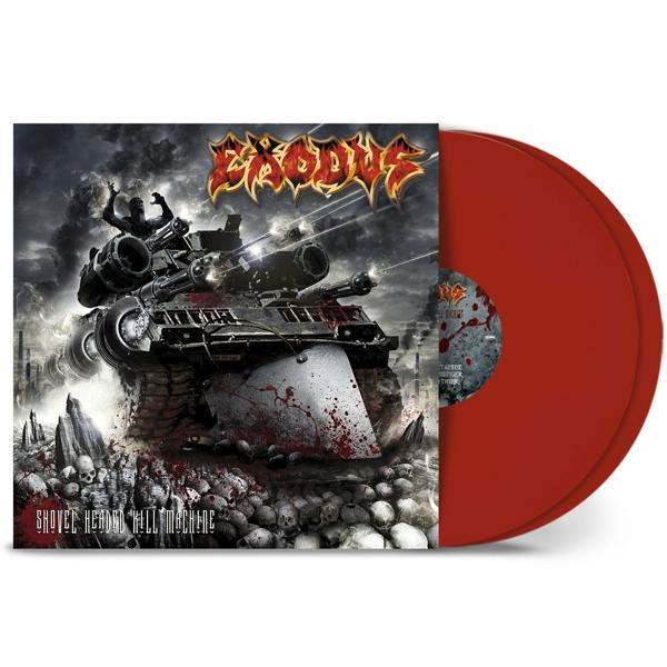 Rote Schallplatte mit Cover, das einen Panzer und Totenköpfe zeigt, Album Exodus.