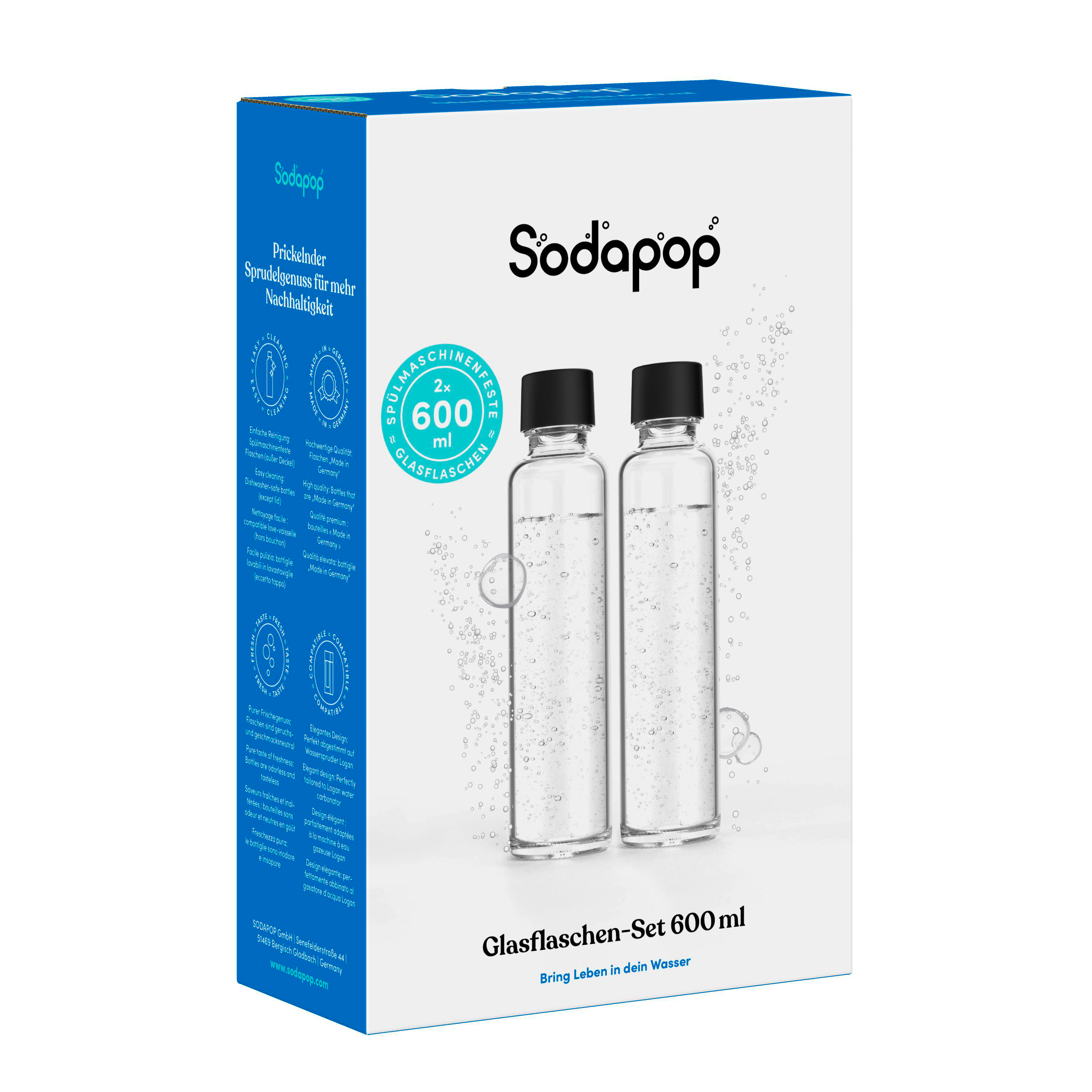 Zwei Glaswasserflaschen und eine Box mit Branding, die ein Set von 600-ml-Flaschen anzeigt.