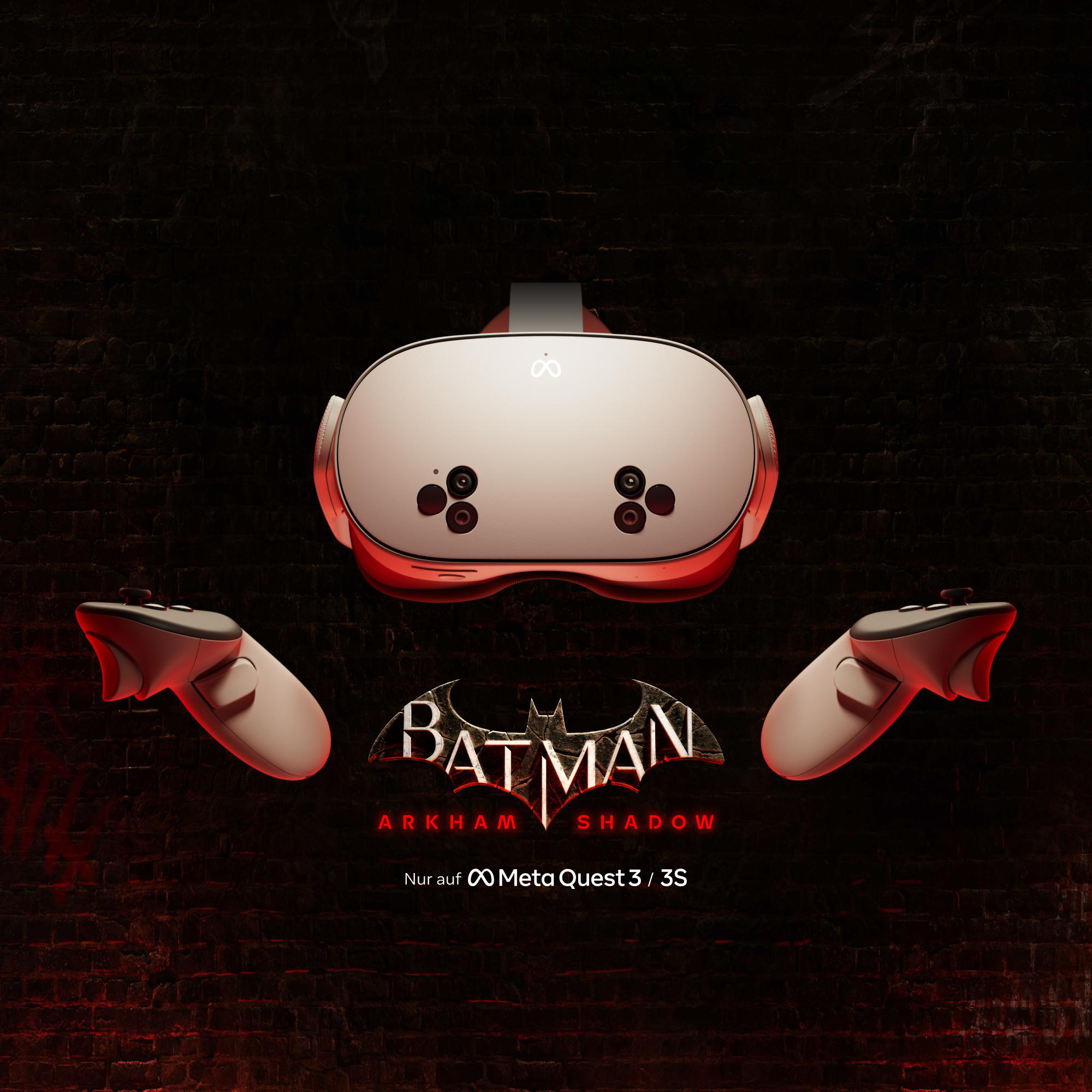 VR-Headset, Controller und Batman Arkham Shadow-Logo auf Backsteinmauer.