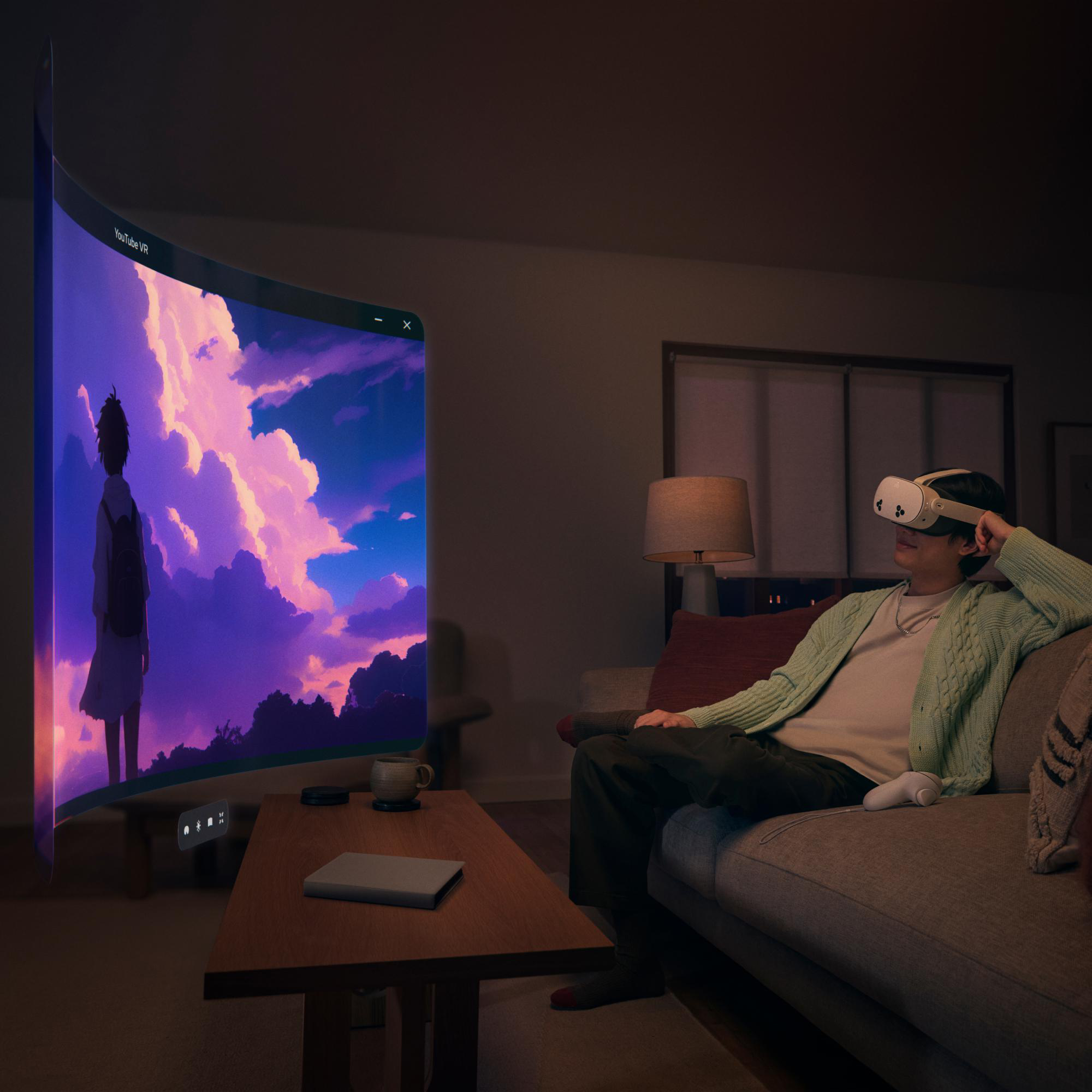 Eine Person mit VR-Brille betrachtet einen Bildschirm mit einer animierten Landschaft.