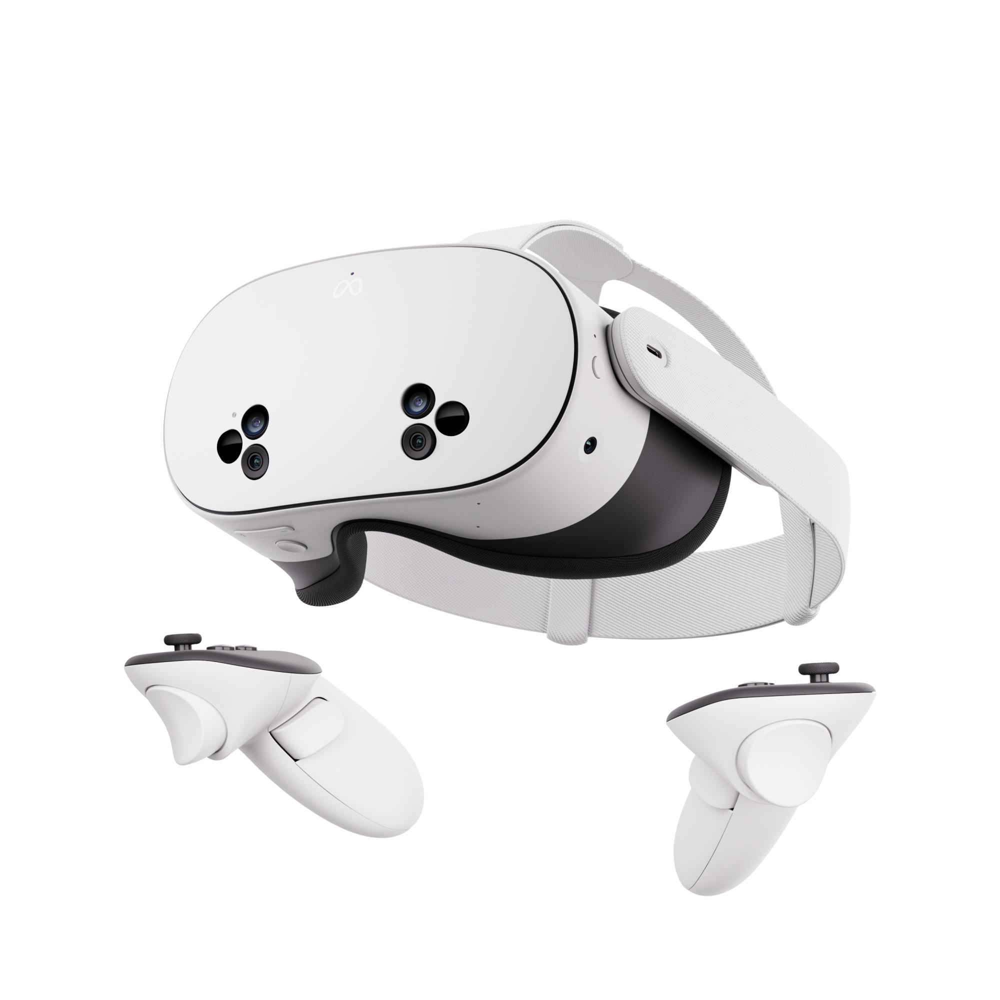 Ein weißes VR-Headset mit zwei weißen Controllern, vor weißem Hintergrund.