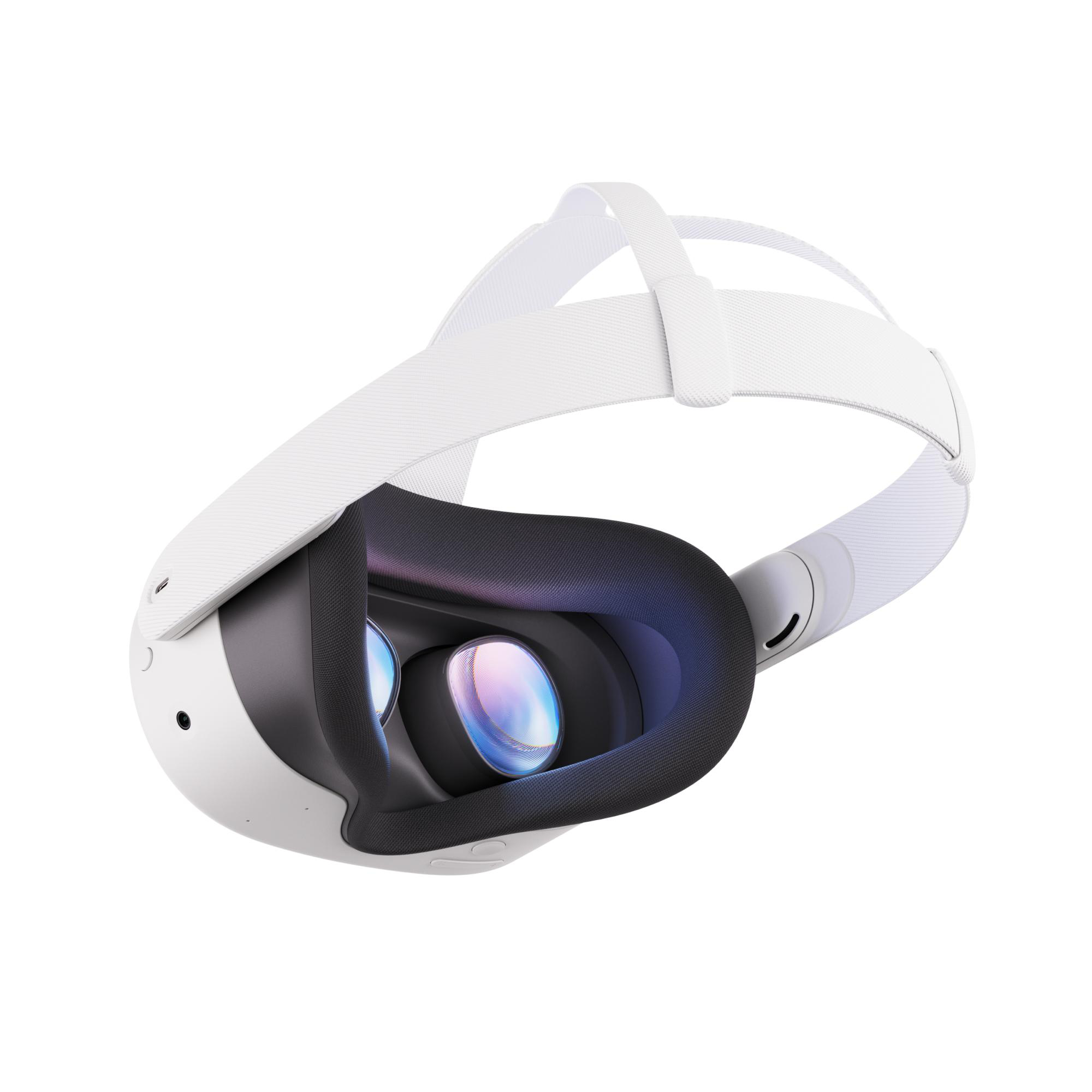Ein weißes VR-Headset mit schwarzem Visier und weißen Riemen.