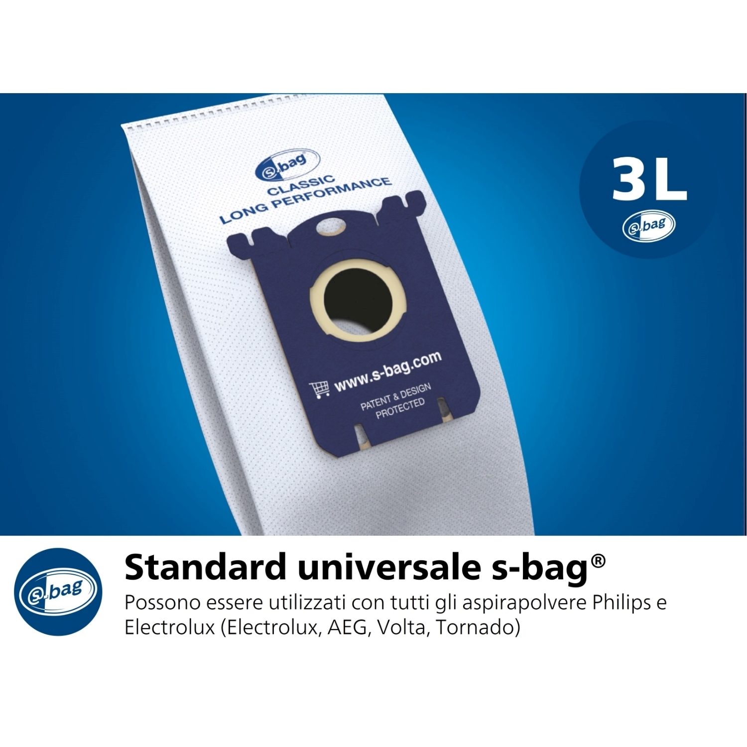 Un sacco per aspirapolvere bianco con un'etichetta blu. Il sacco è per aspirapolvere Philips ed Electrolux.