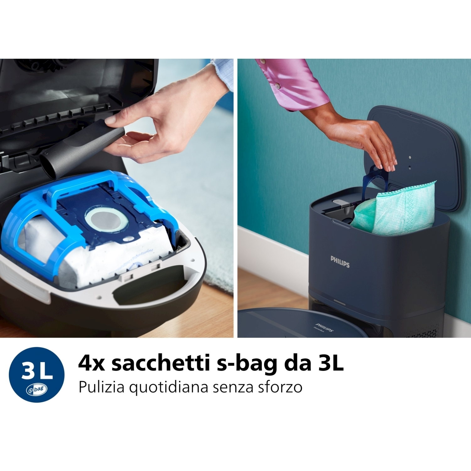 Mani che cambiano un sacchetto per aspirapolvere. Un sacchetto blu viene messo in un aspirapolvere.