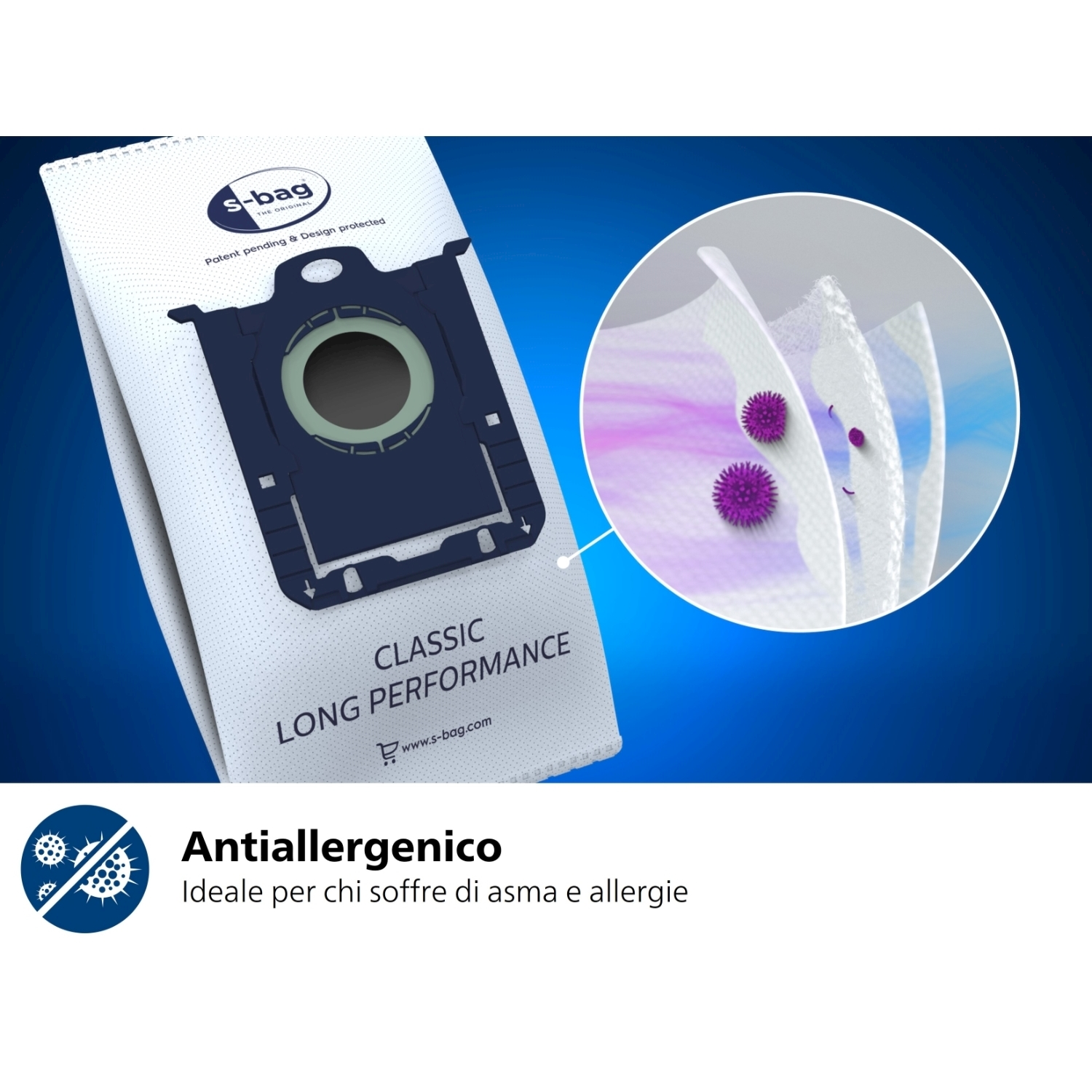 Sacchetto per aspirapolvere s-bag bianco. Il testo dice Classic Long Performance. Con dettagli antiallergici e un primo piano del filtro.