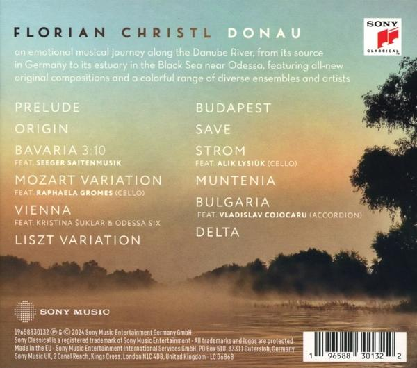 Ein CD-Cover mit Text über Florian Christl Donau und Songtiteln. Eine Flussszene im Hintergrund.