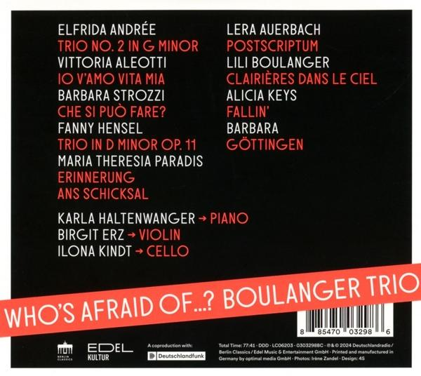 CD-Cover für "Who's Afraid Of...? Boulanger Trio" mit Titelliste und Credits.